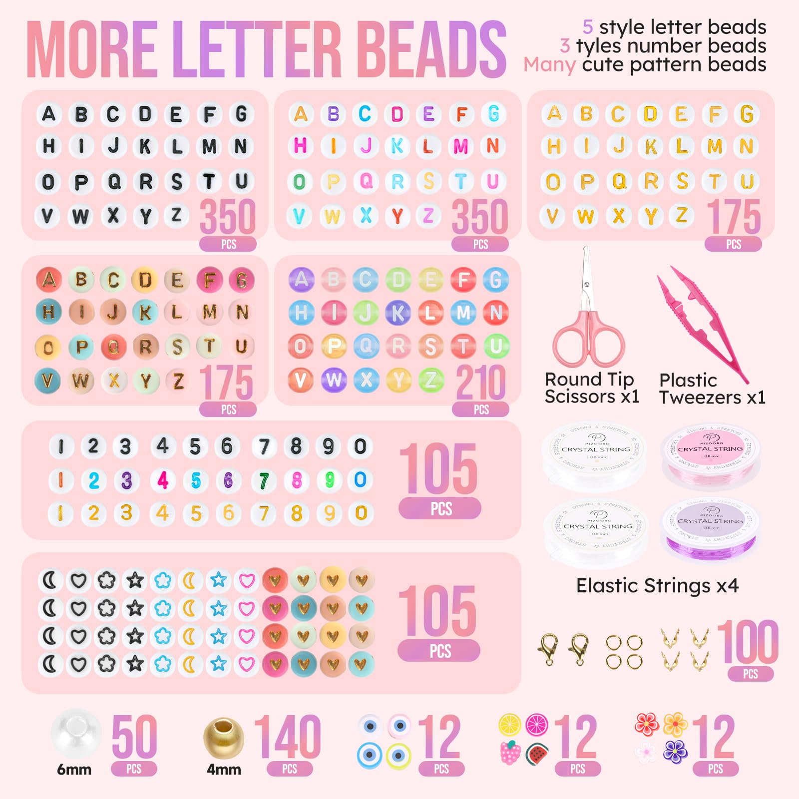 Kit de pulsera de la amistad con 96 colores, 13440 cuentas de arcilla, 1470 cuentas de letras para hacer joyas, 5 estilos de cuentas redondas del alfabeto, números y patrones con 4 cuerdas elásticas,