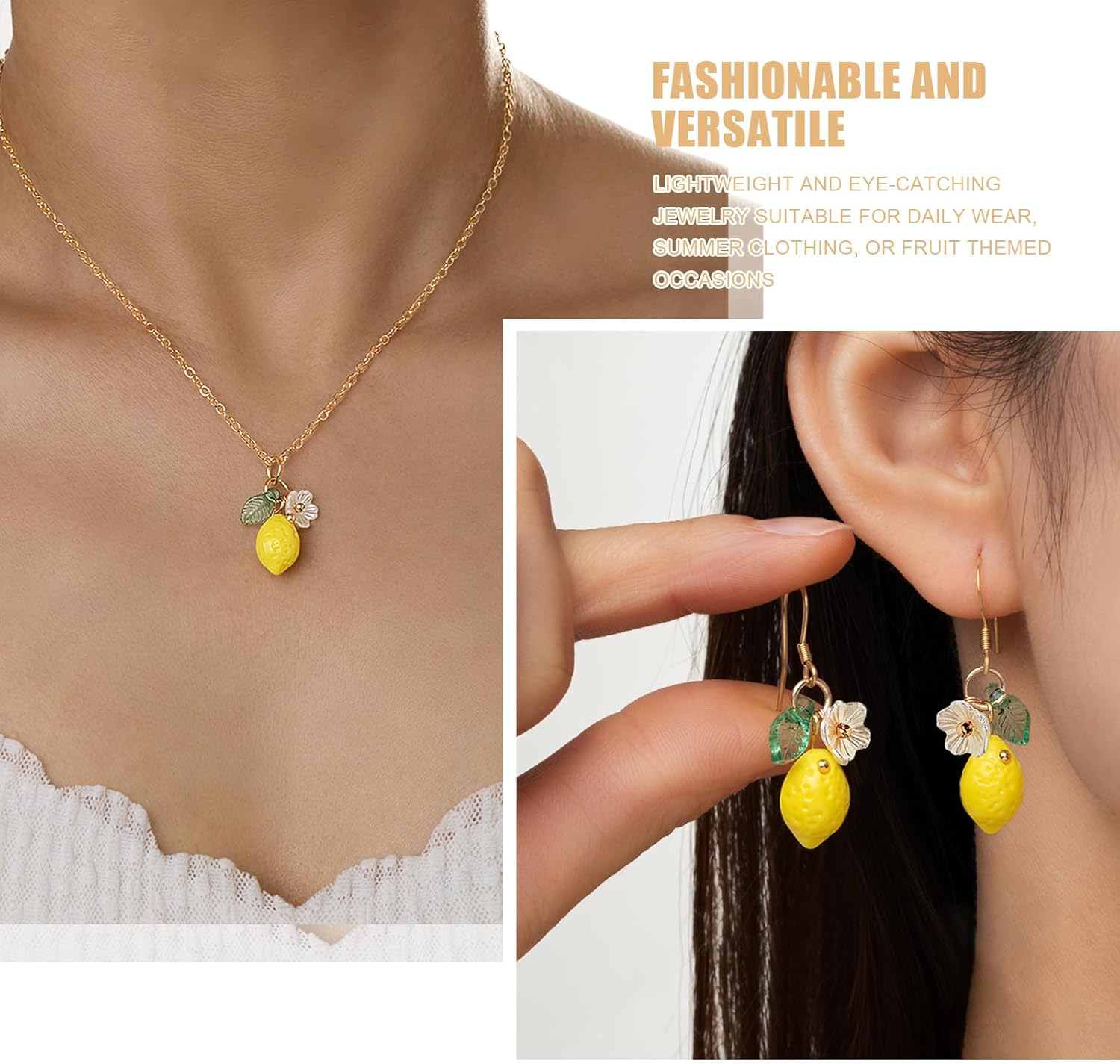 Fruit Necklace and Earrings Set for Women, Cute Enamel Pendant Jewelry, Banana/Mushroom/Lemon Designs - Image 2