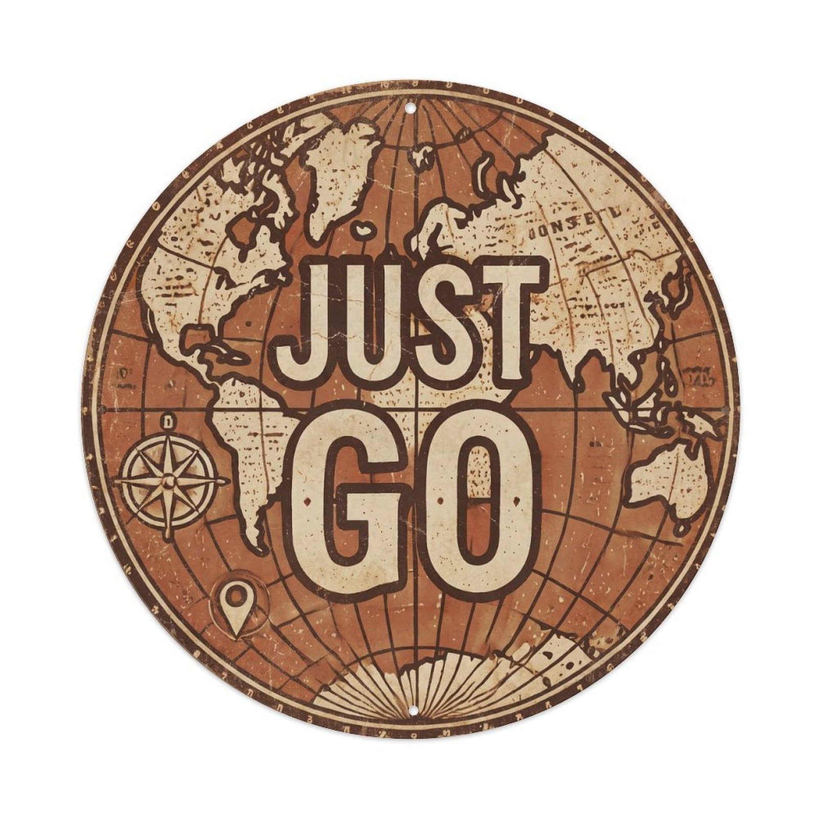 Vintage World Map with Compass Just Go Hemisphere Metal Tin Sign