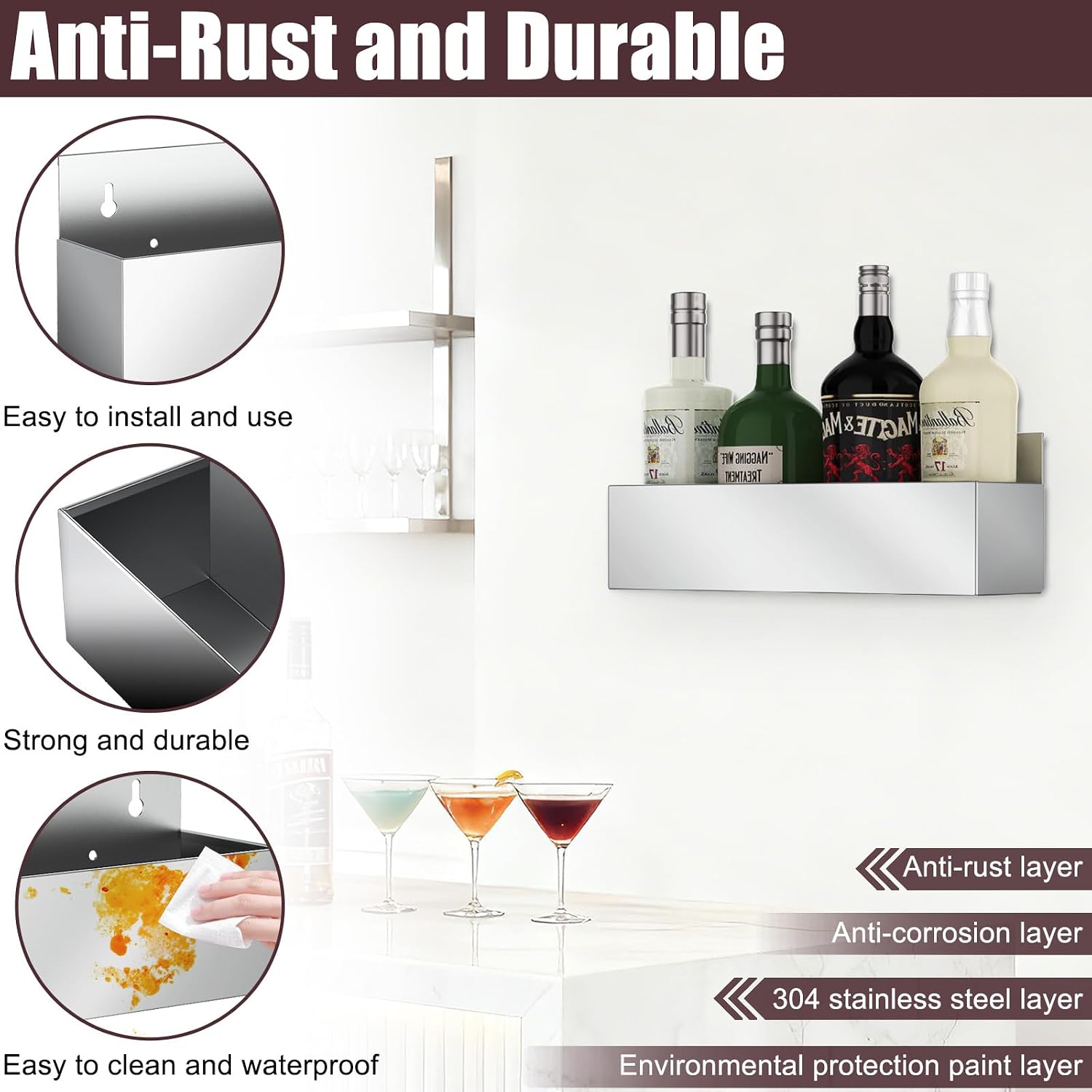 15 Inch Stainless Steel Wall Mount Single Speed Liquor Bottle Rail, 2 Pack
