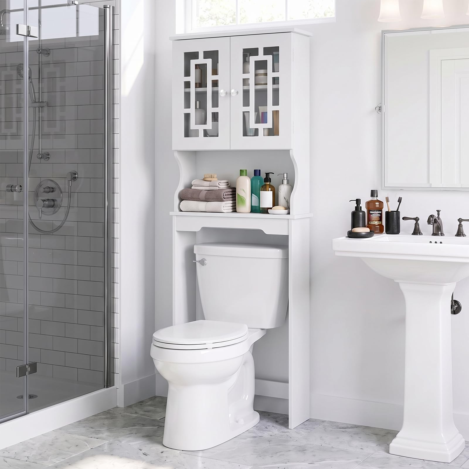 COSTWAY Mueble sobre Inodoro WC con 3 Estantes y 2 Puertas, Estantería para Inodoro, Mueble de baño con Estante Ajustable de Madera, Armario Alto de Almacenamiento, 60 x 21,5 x 169 cm (Blanco)