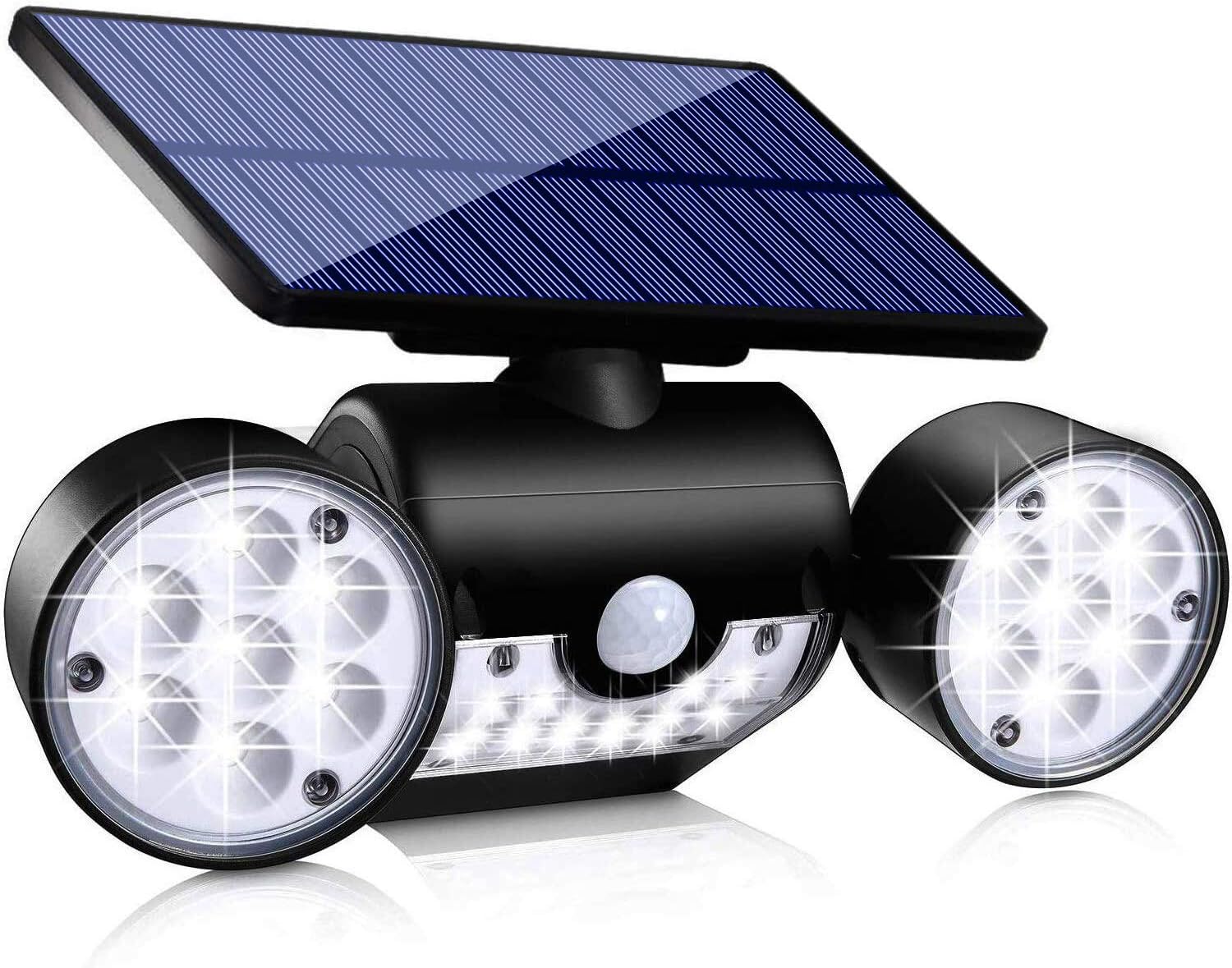 Solar Lights Outdoor, Motion Sensor Security Lights Solar Wall Lights with Dual Head Spotlights LED Waterproof 360° Adjustable Solar Motion Lights Outdoor for Garden Garage Patio, 1 Pack