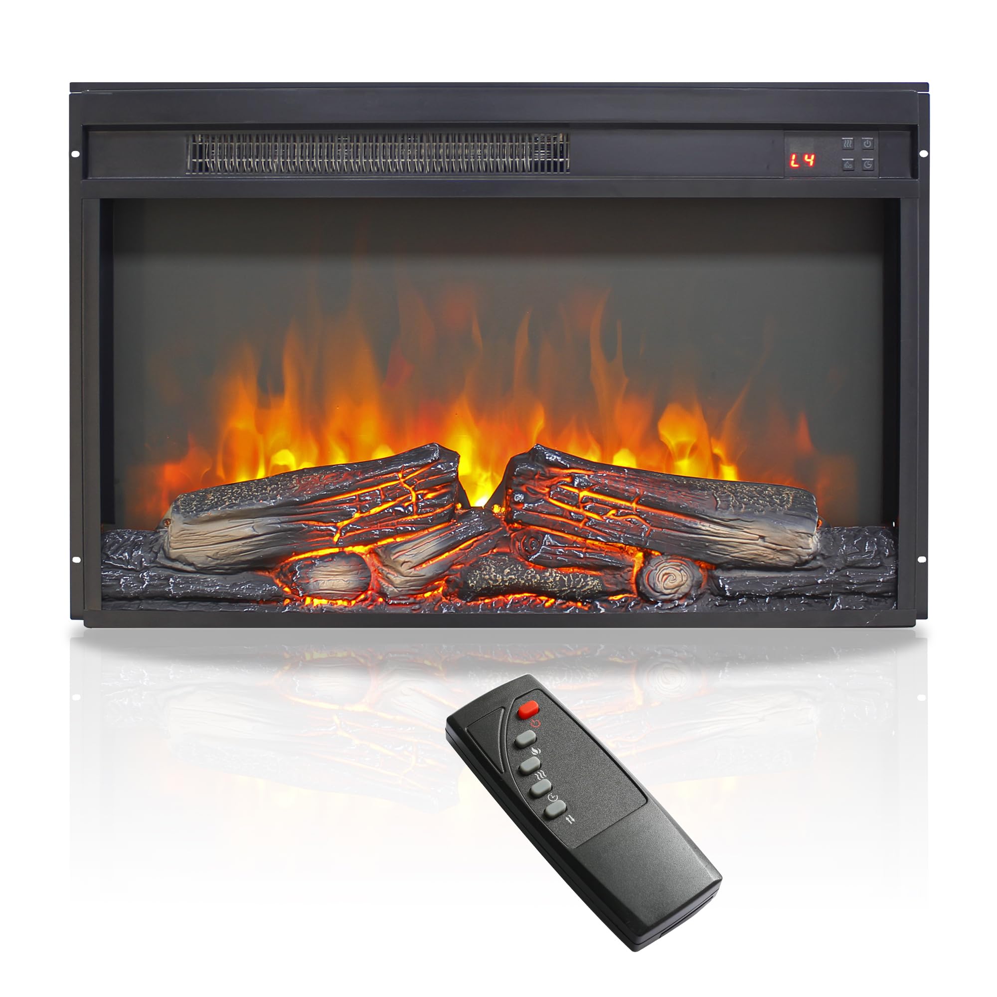 26" Electric Fireplace Insert with Real Fire Crackling Sound, Remote Control &amp; Timer, Adjustable Flame &amp; Heat, Overheating Protection, 1400W, Black