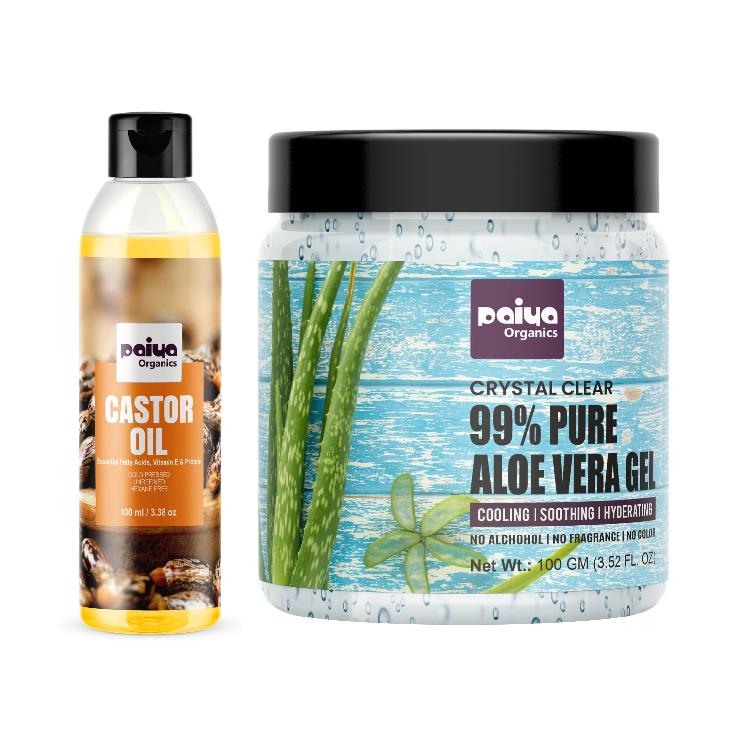 Cold Pressed Castor Seed Oil 100ml & Aloe Vera Gel 99% Pure Crystal Clear 100 GM For Face and Hair, Acne and Pimples, Paraben Free(Pack of 2)
