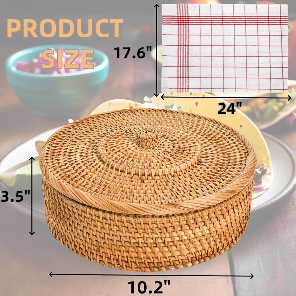 Cesta calentadora de tortilla de ratán natural, contenedor de almacenamiento hecho a mano de 10.2 pulgadas para tortillas de maíz, tacos y decoración de cocina