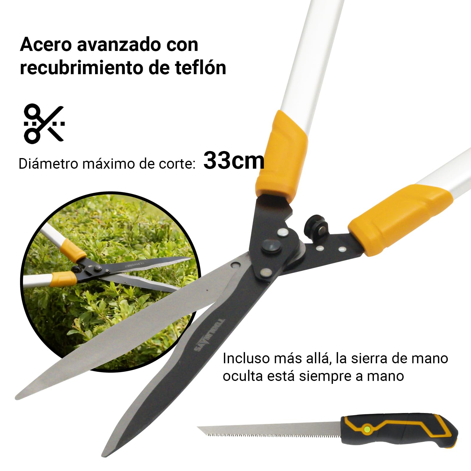 Cortasetos de 78 cm, tijeras de jardín con sierra de mano de 21 cm, tijeras profesionales para setos de jardín manuales con diseño de cabeza en ángulo de 20 °
