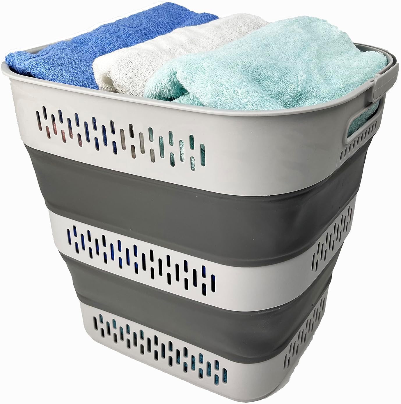 SAMMART 40L (10.5 Gallon) Collapsible Plastic Laundry Basket - Foldable Pop-Up Storage Container/Organizer – Portable Space Saving Laundry Hamper (3, Grey)