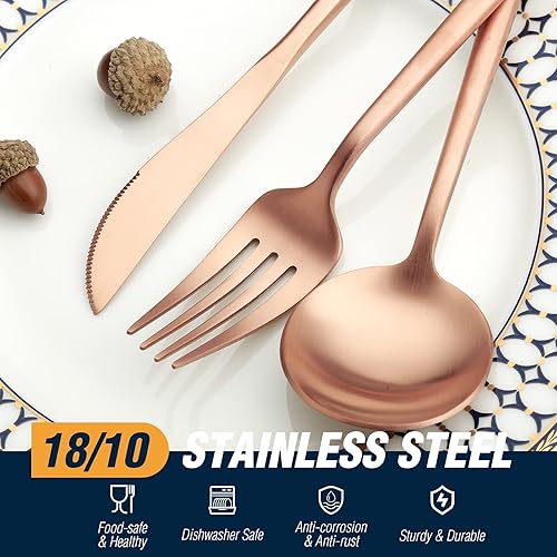 Miniatura 3 de BirdyFly Juego de cubiertos de oro rosa mate, juego de cubiertos de acero inoxidable de 20 piezas para 4, juego de cubiertos de oro rosa mate,