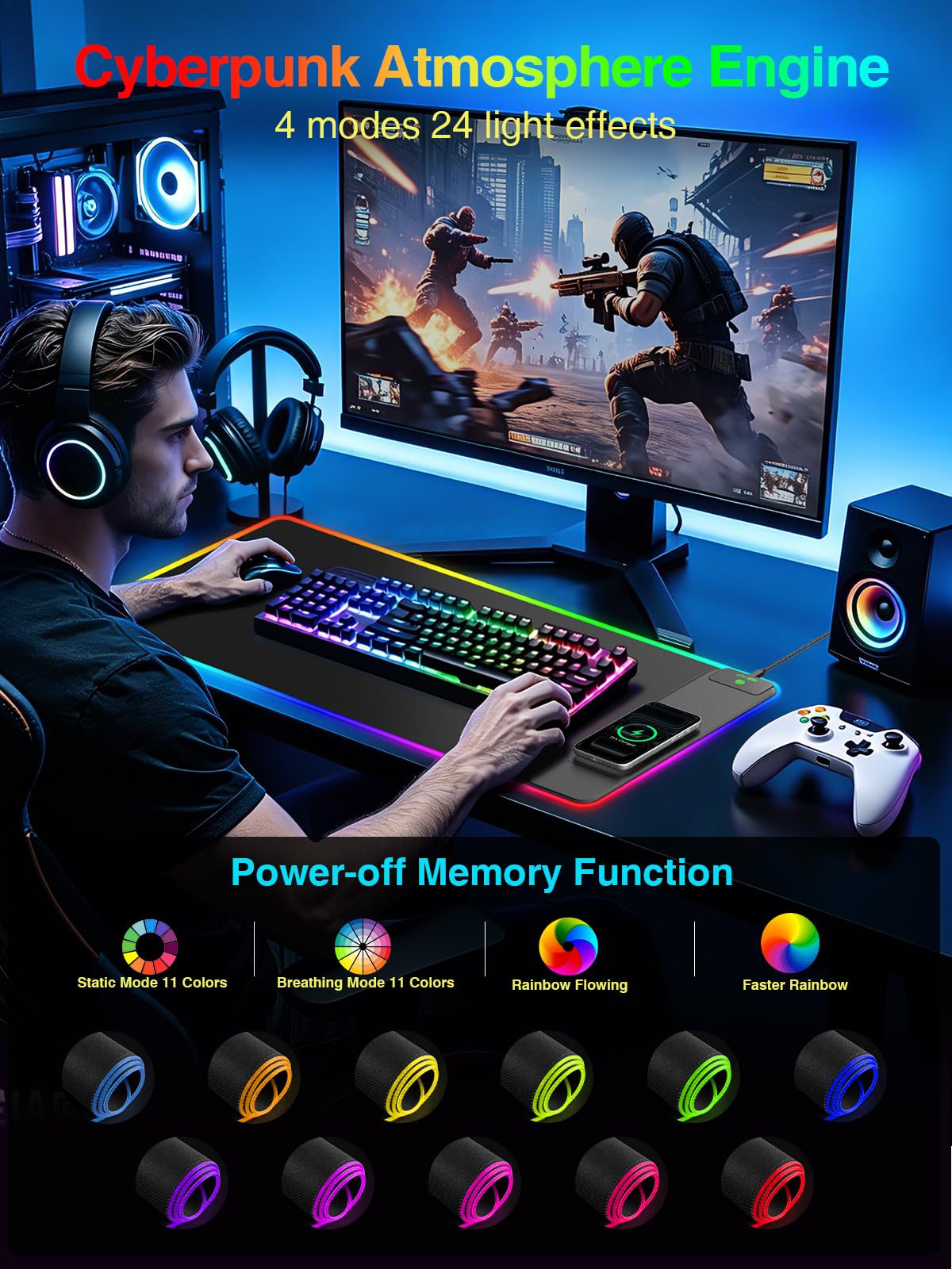 Tappetino per mouse da gioco RGB 2 in 1 con ricarica wireless per telefono, 80 x 40 cm, 24 effetti di luce, base antiscivolo, superficie ultra liscia impermeabile, nessun adattatore