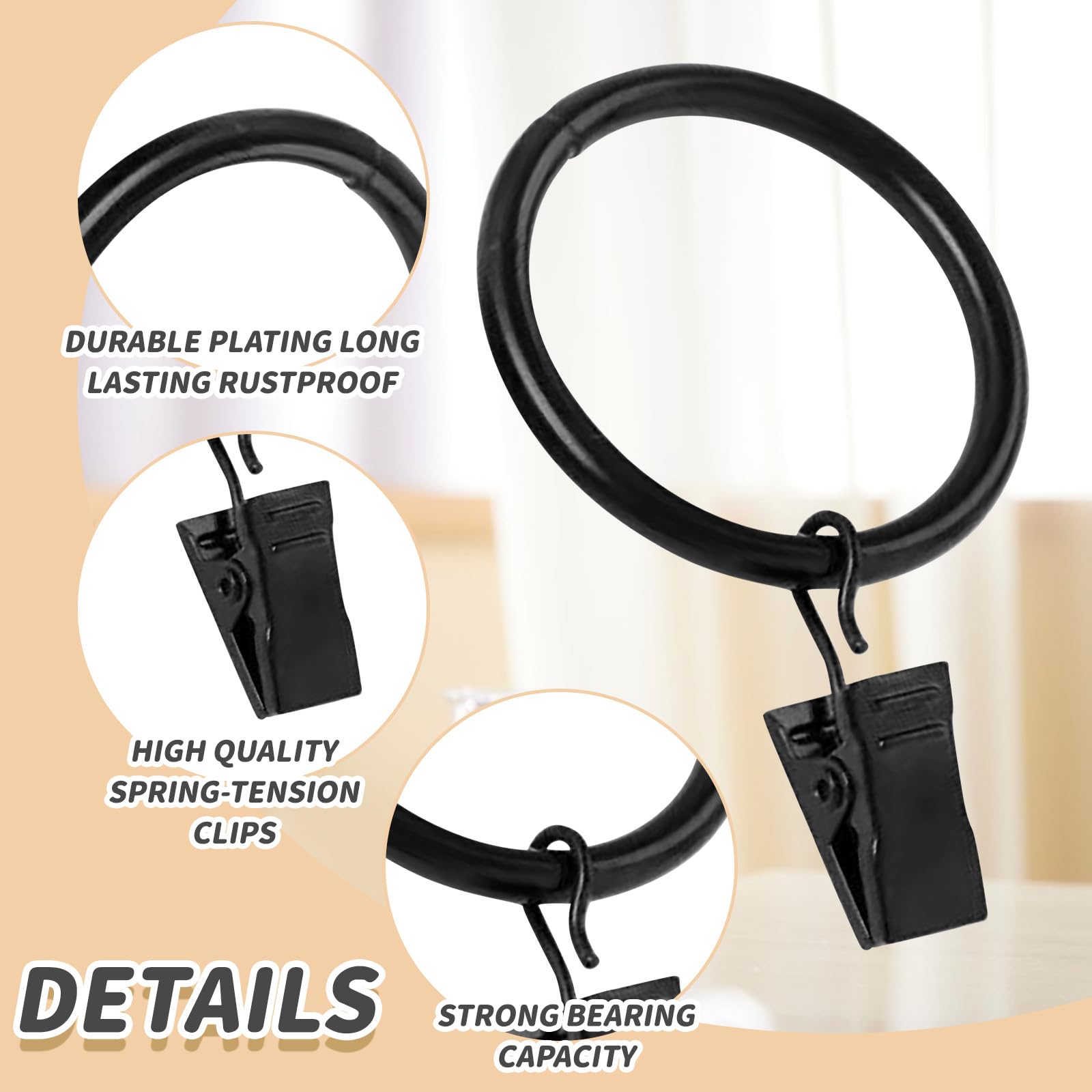 30PCS Black Curtain Rod Ring Clips, Curtain Rings With Clips, Rustproof Metal Drapery Ring with Hook - Image 3