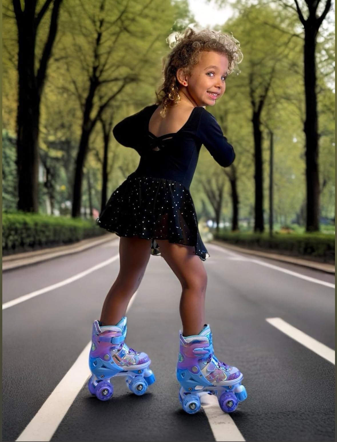 Nattork Patins à roulettes pour enfants - 4 tailles réglables - Avec motif papillon et fleur - Cadeau d'anniversaire pour les sports d'intérieur et d'extérieur