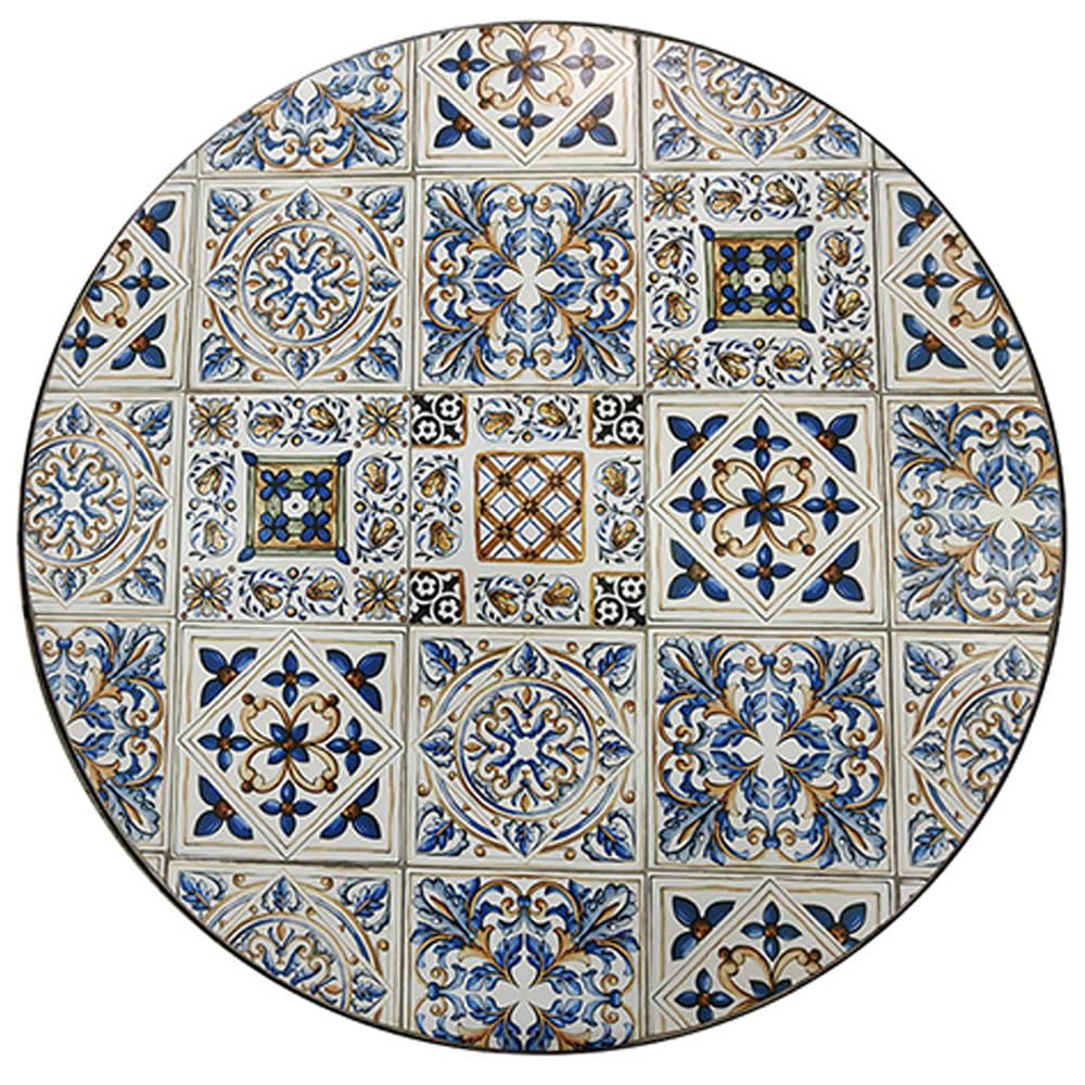 Tavolo rotondo in ferro battuto con piano in ceramica decorazione mosaico diametro 90 cm per giardino o interno stabile per esterni terrazza balcone