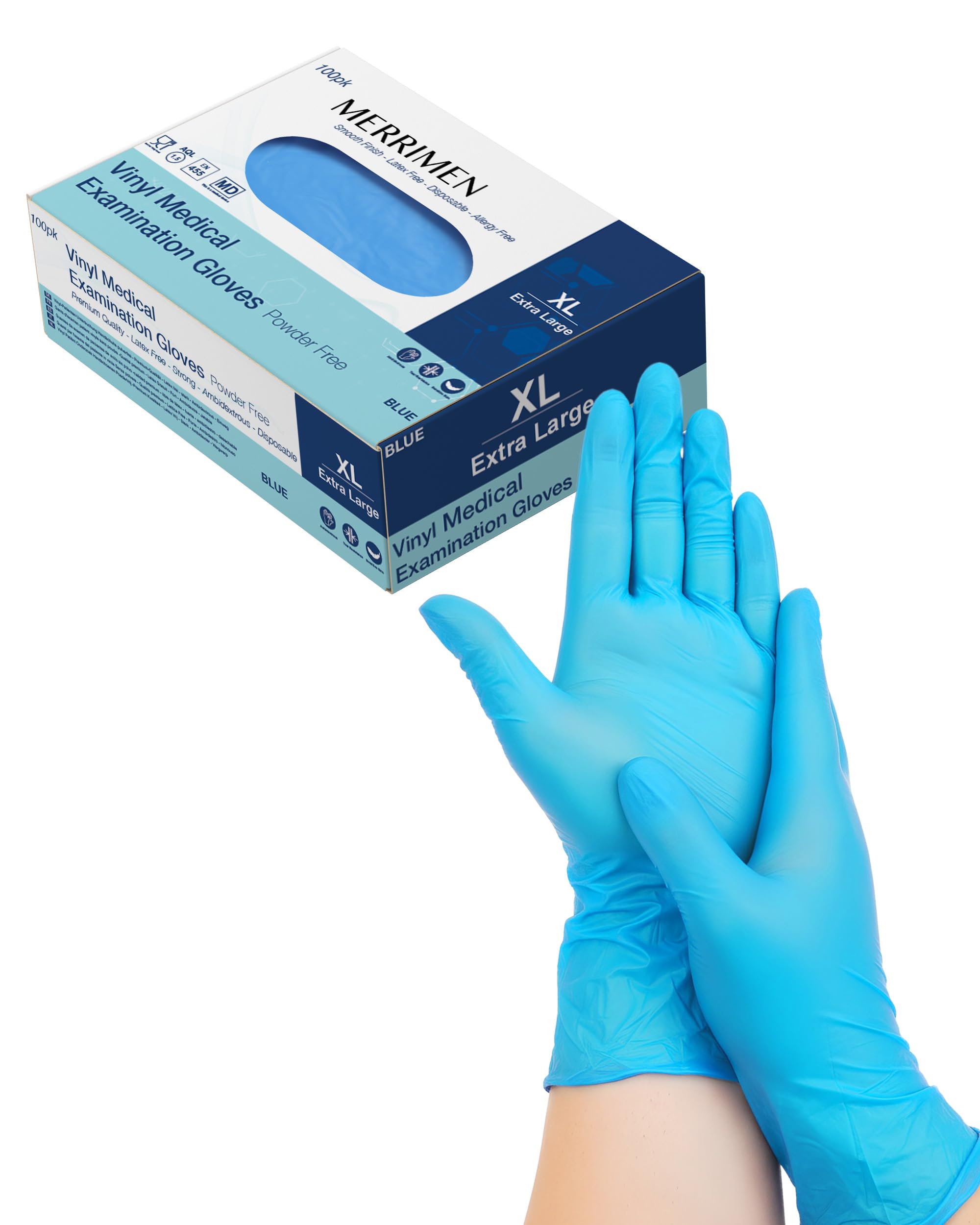 Merrimen | Gloves, disposable gloves, Multi purpose & extra strong, Powder free vinyl gloves, Box of 100 Blue, 1 Pack XL, 411167