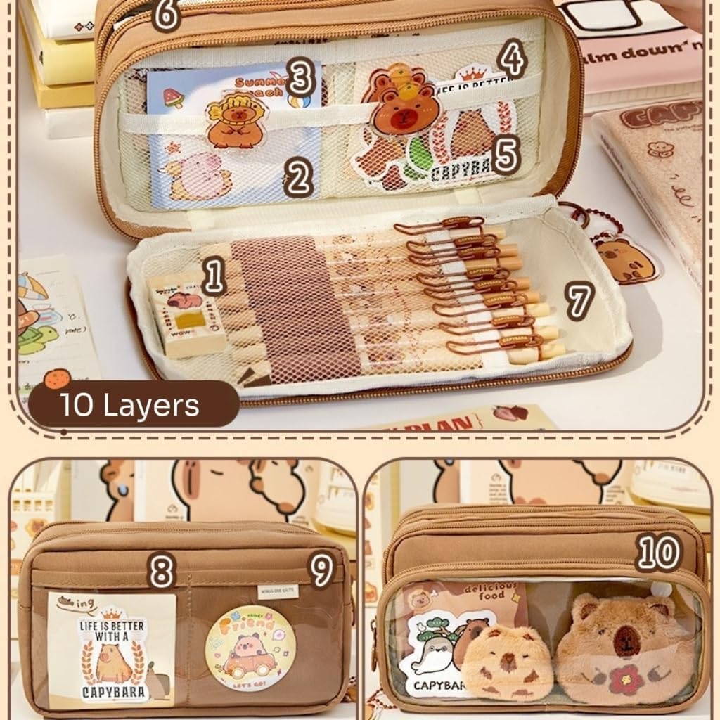 JollyDragon Capybara Pencil Case Stationery Set,Cute Detachable Clear Pencil Case with Capybara Pens Eraser Sticker Plush,Pencil Organizer for Students Cosmetics Toiletry Storage - Image 4