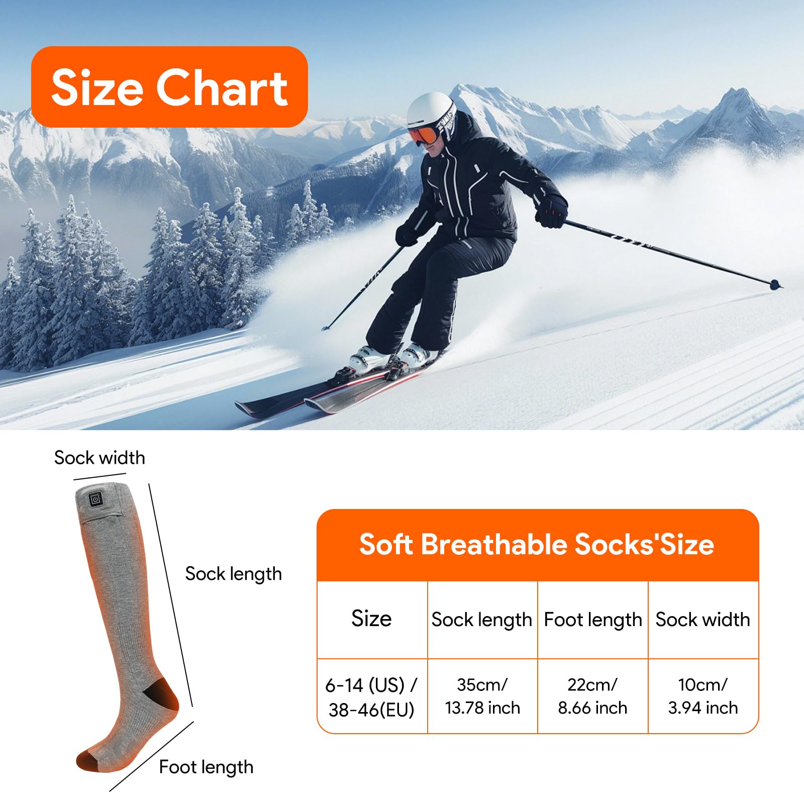 Minthouz Chaussettes chauffantes avec contrôle par application, 5000 mAh, batterie rechargeable, pour homme et femme, chaussettes électriques lavables contre les pieds froids, idéales pour le ski et