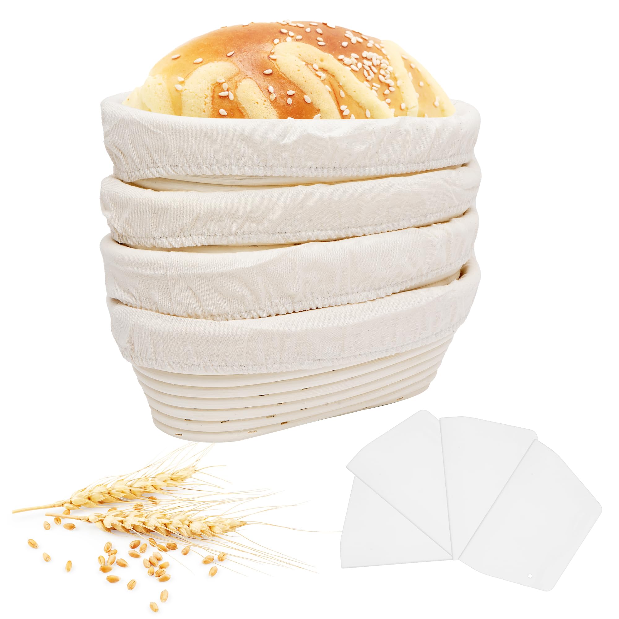 uyoyous Banneton Lot de 4 paniers à pain ovales en rotin avec doublure en tissu et 4 panneaux de découpe pour boulangers professionnels et amateurs 25 x 15 x 8 cm