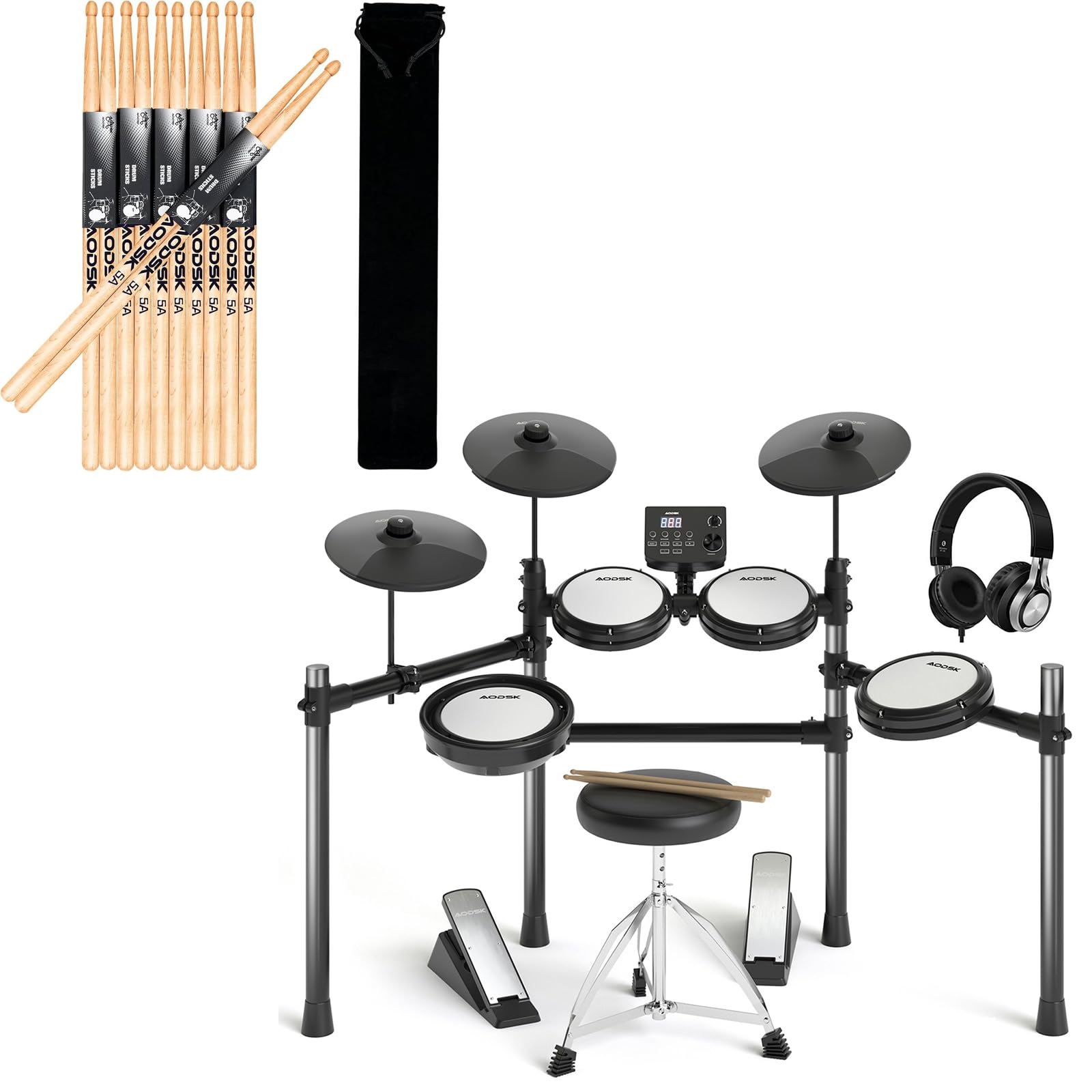 AODSK Electric Drum Set with Quiet Mesh Pads,Electronic Drum for Beginner+AODSK Drum Sticks 5A Classic America Maple Wood Tear Drop Tip Drumsticks Anti-Slip