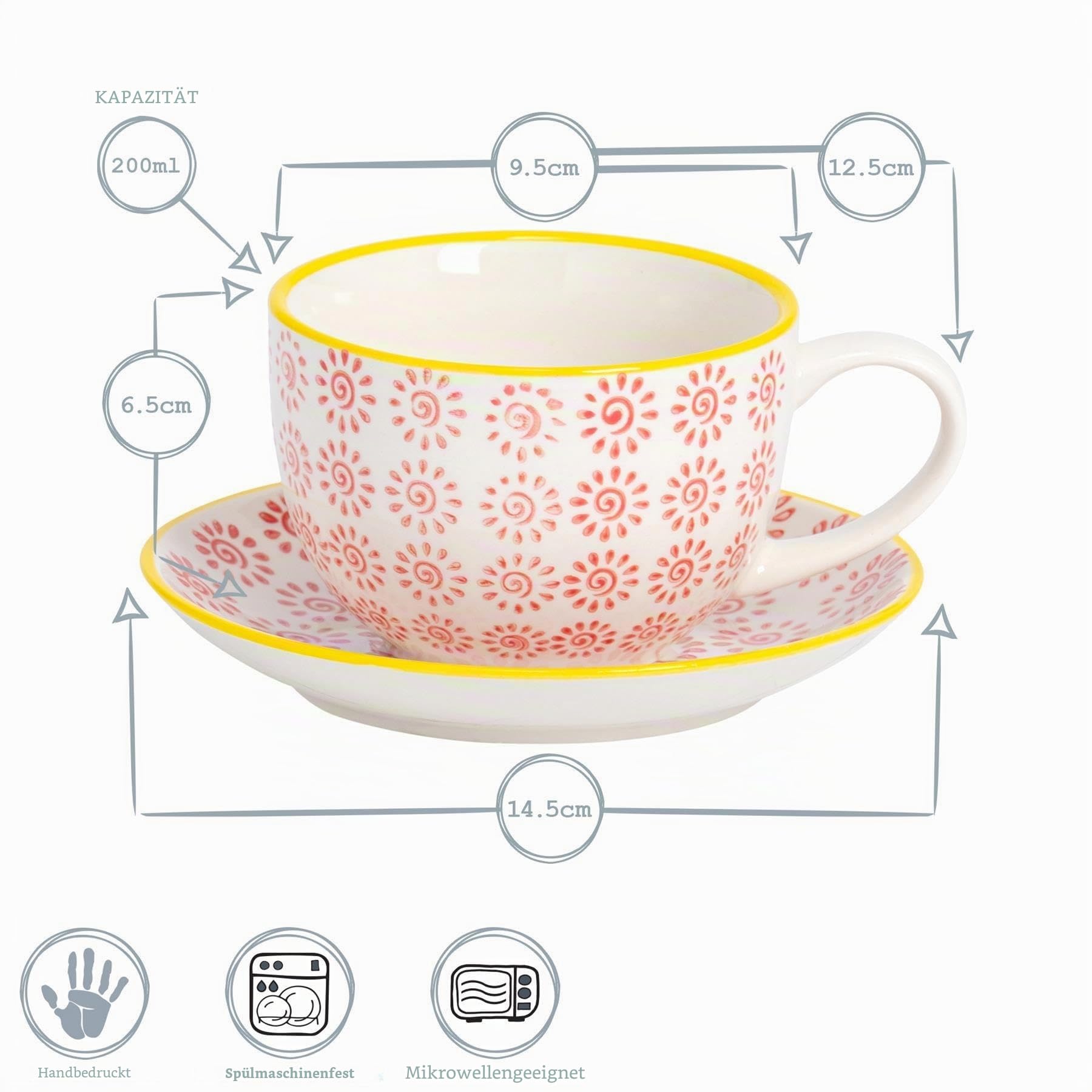 Nicola Spring Handgedruckter Cappuccino -Cup & Saucer -Set - 250ml - Orange - 12pc