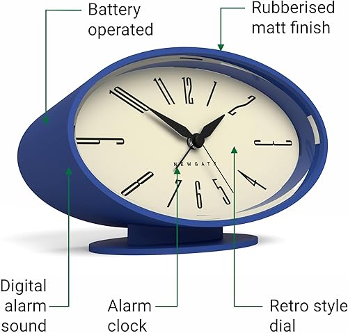 Miniatura 6 de NEWGATE Ronnie - Reloj despertador, diseño retro ovalado, acabado de goma suave azul, ideal para mesita de noche, escritorio o estante, accesorio