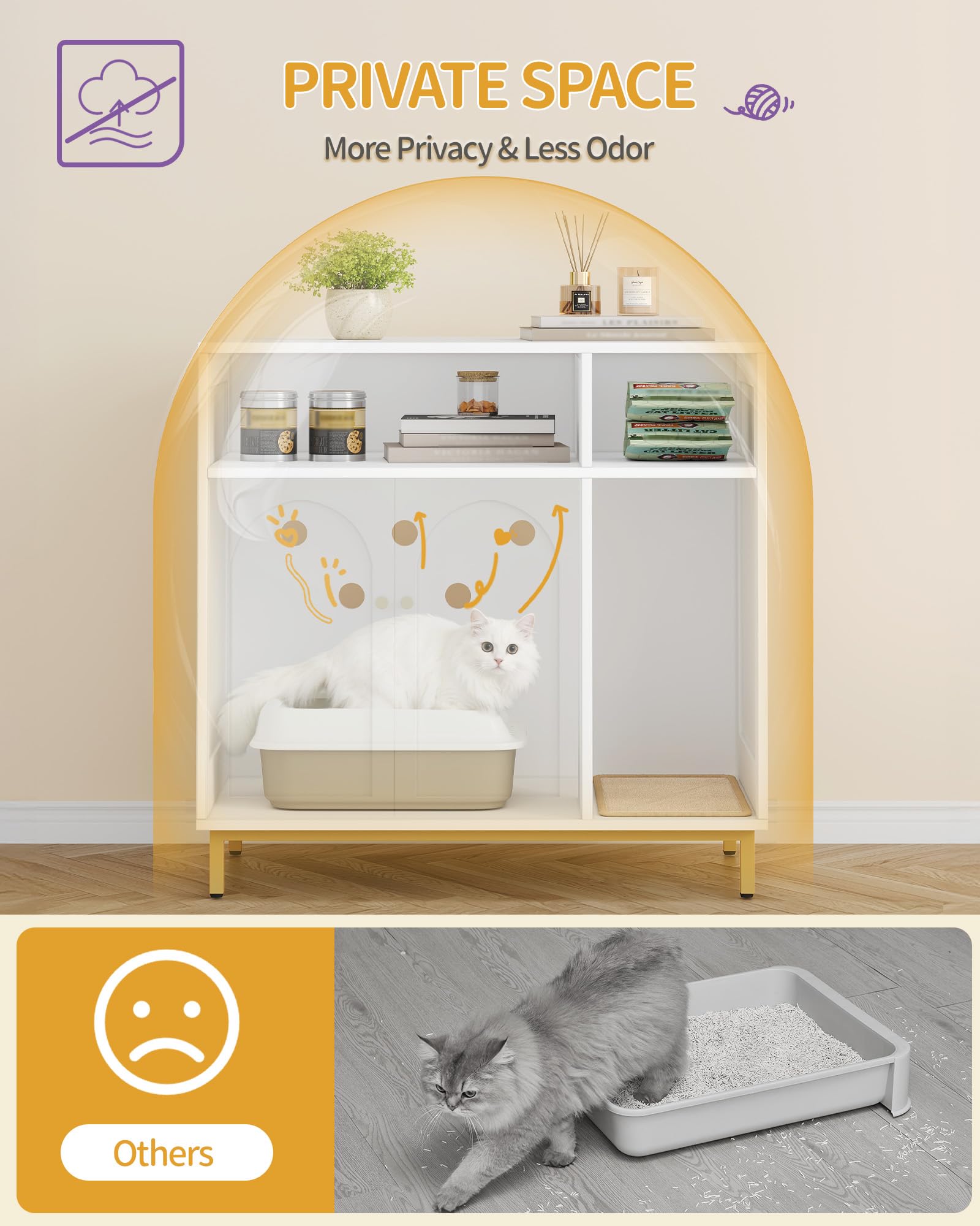Cat Litter Box Furniture, Hidden Cat Litter Box Enclosure with Storage, Wooden Cats Cabinet with Scratch Pad, Cats House, Modern End Table for Living Room Entryway, White and Gold CB87603G - image 4