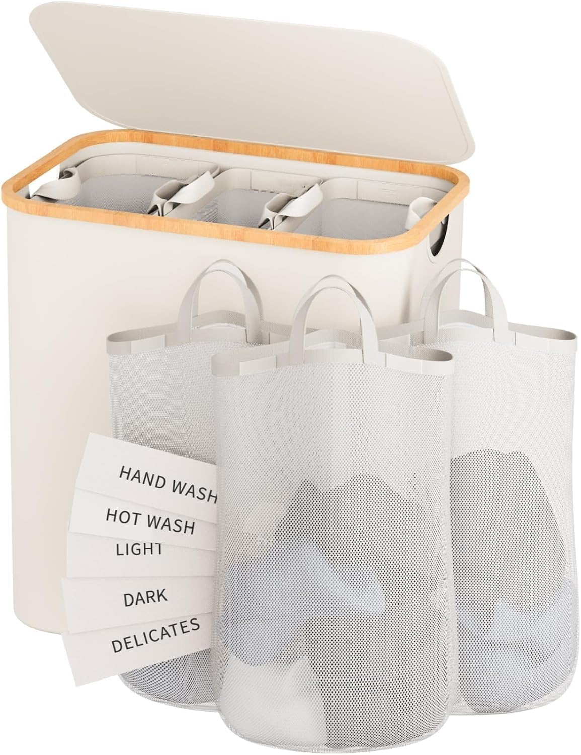 Laundry Hamper With Lid, 160 L Clothes Hamper For Laundry Bag 3section, Large Laundry Hamper With Removable Bags Foldable Laundry Basket Organizer, Dirty Clothing Hamper (Beige)