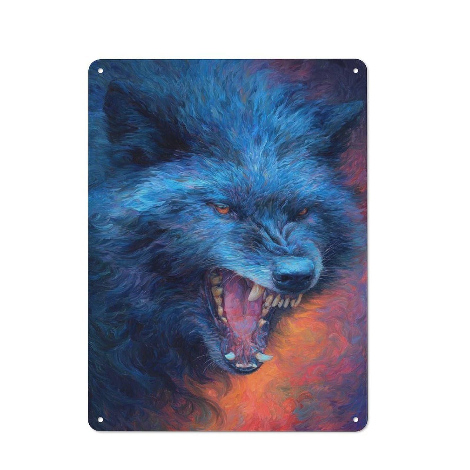 Junmoney Style-4 Aggressive Wolf Painting Cottage Style Metal Wall Decor 40X30cm, Farmhouse Metal Sign For Kitchen, Cottage, Porch Or Garden Room