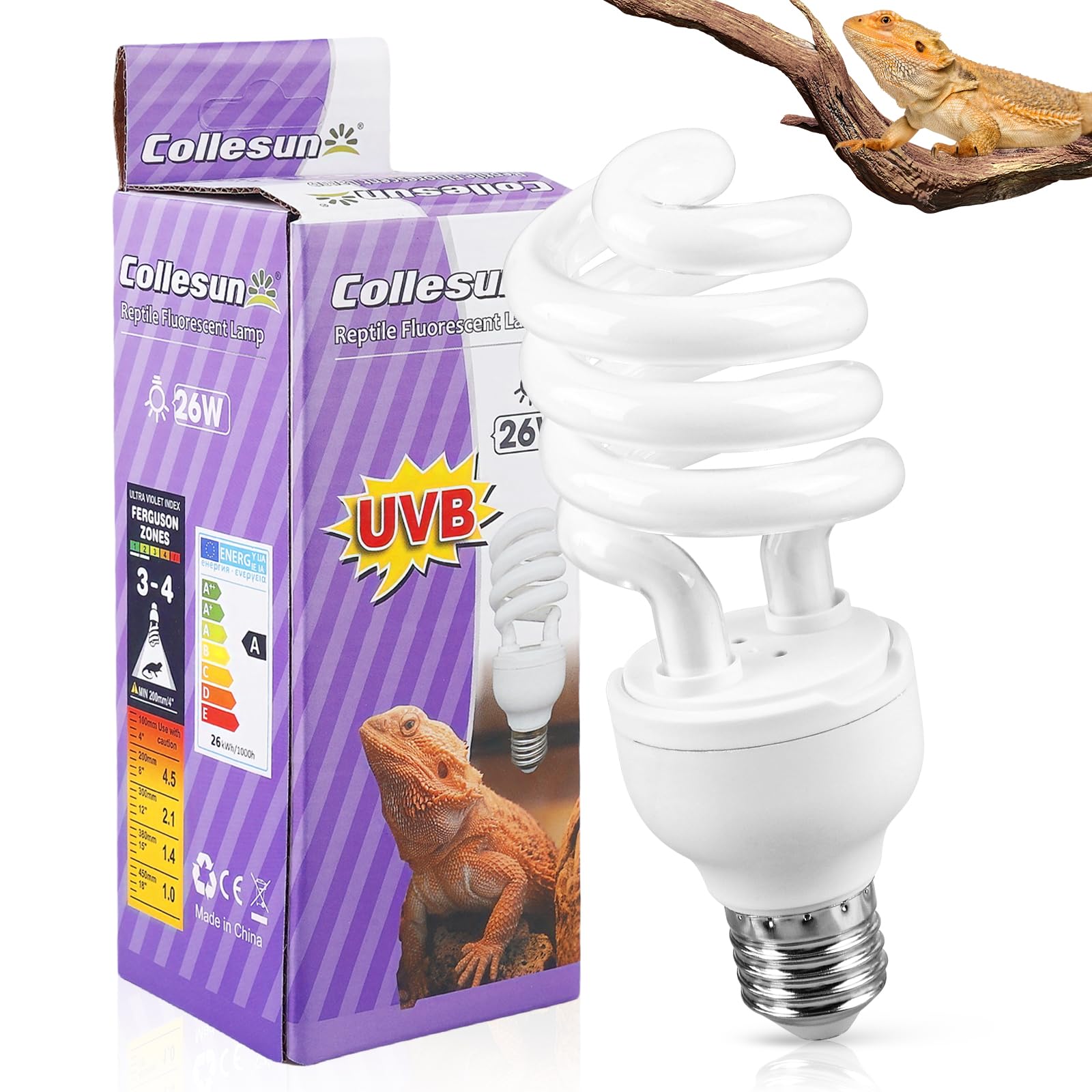 PORFOYO Lampada UVB, 26w 10.0 UVB Reptile Light, Luce UVB Per Rettili, UVB Per Tartarughe, 220V Animal Lampada UVB, Per Lucertole, Serpente, Camaleonte, Draghi Barbuti
