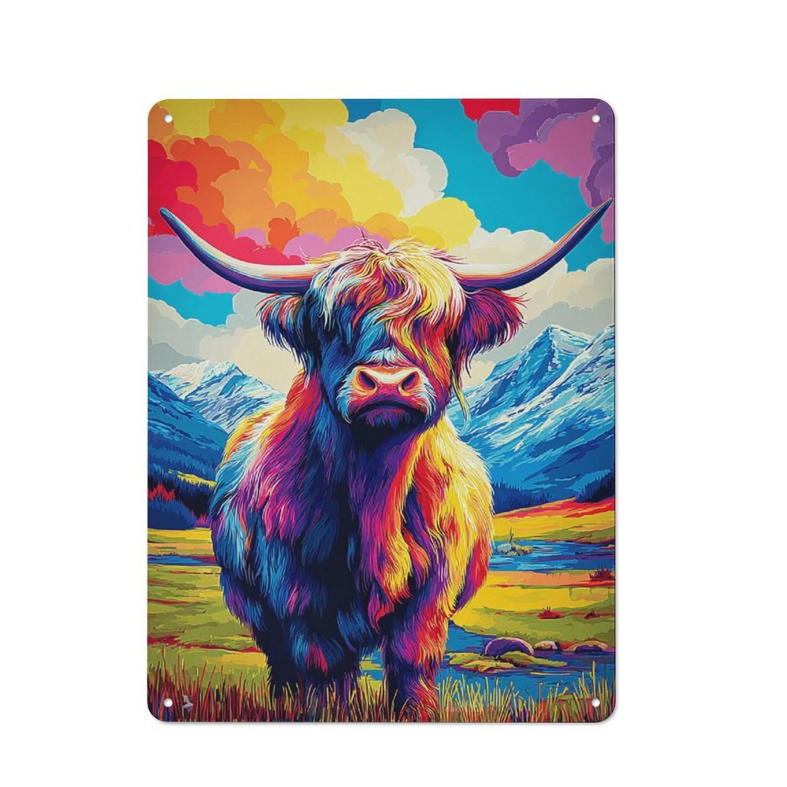 Junmoney Colorful Highland Cow Landscape Vintage Cafe Metal Sign 40X30cm Featuring Bistro Wall Plaque For Tea Room, Shop Wall Or Breakfast Area