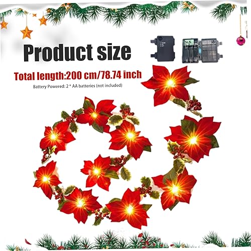 Miniatura 4 de Guirnalda de Navidad de flores de Pascua de 6.6 pies, impermeable, con 10 luces LED, funciona con pilas, guirnalda de Pascua para chimenea,