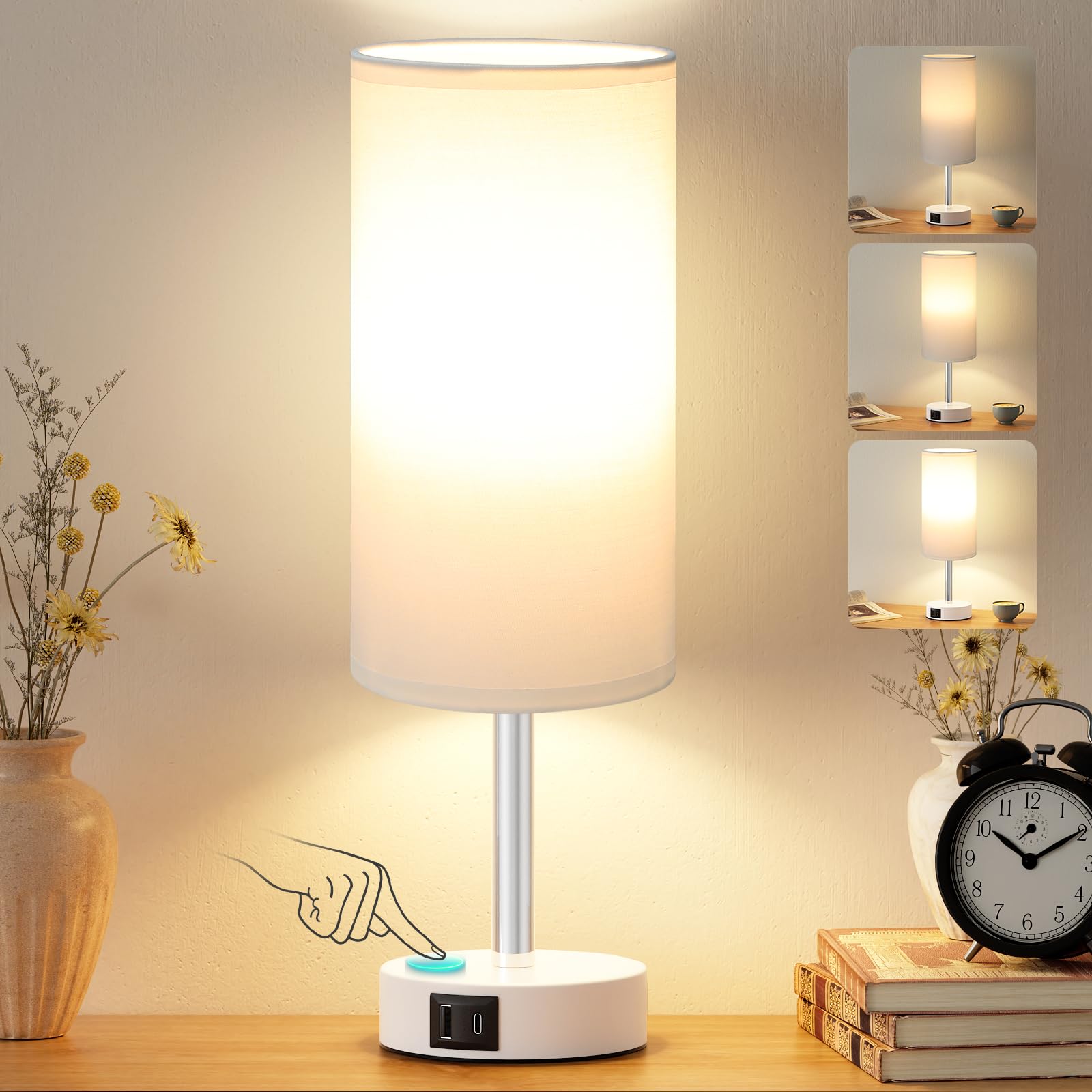 PreeOtti White Touch Lamp, Bed Side Lamp with 2 USB Charging Ports (Bulb Included)