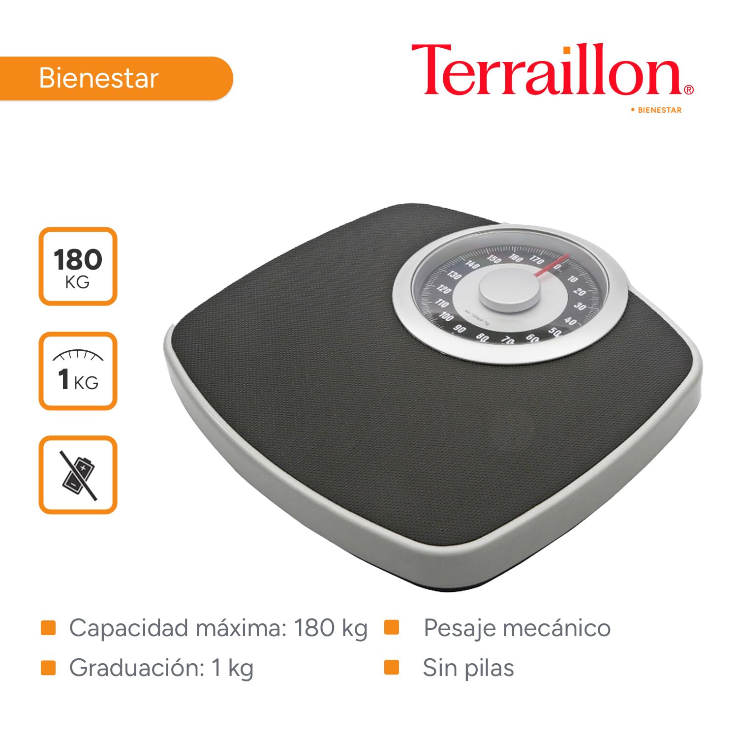 TERRAILLON NEO T - Báscula mecánica para persona, gran bandeja de metal con revestimiento antideslizante, esfera de alta legibilidad, báscula robusta, capacidad 180 kg, graduación 1 kg, negro y plata | Bandeja de metal grande con revestimiento antidesliza