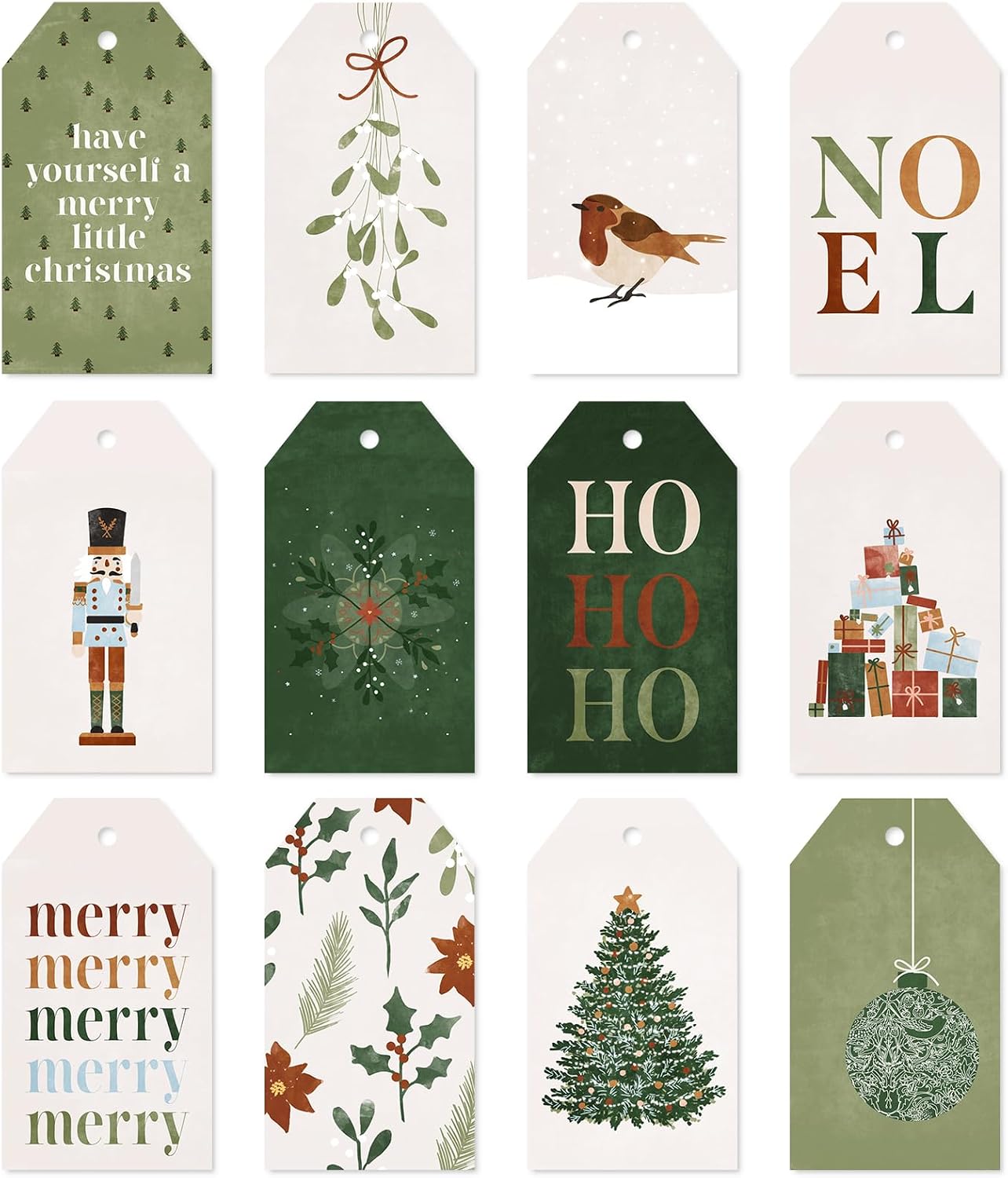 Waline 120 Mixed Xmas Tree Nutcracker Hanging Name Tags with Hemp Rope Green Merry Label Tags for Party Favor Decor Supplies, 12 Designs