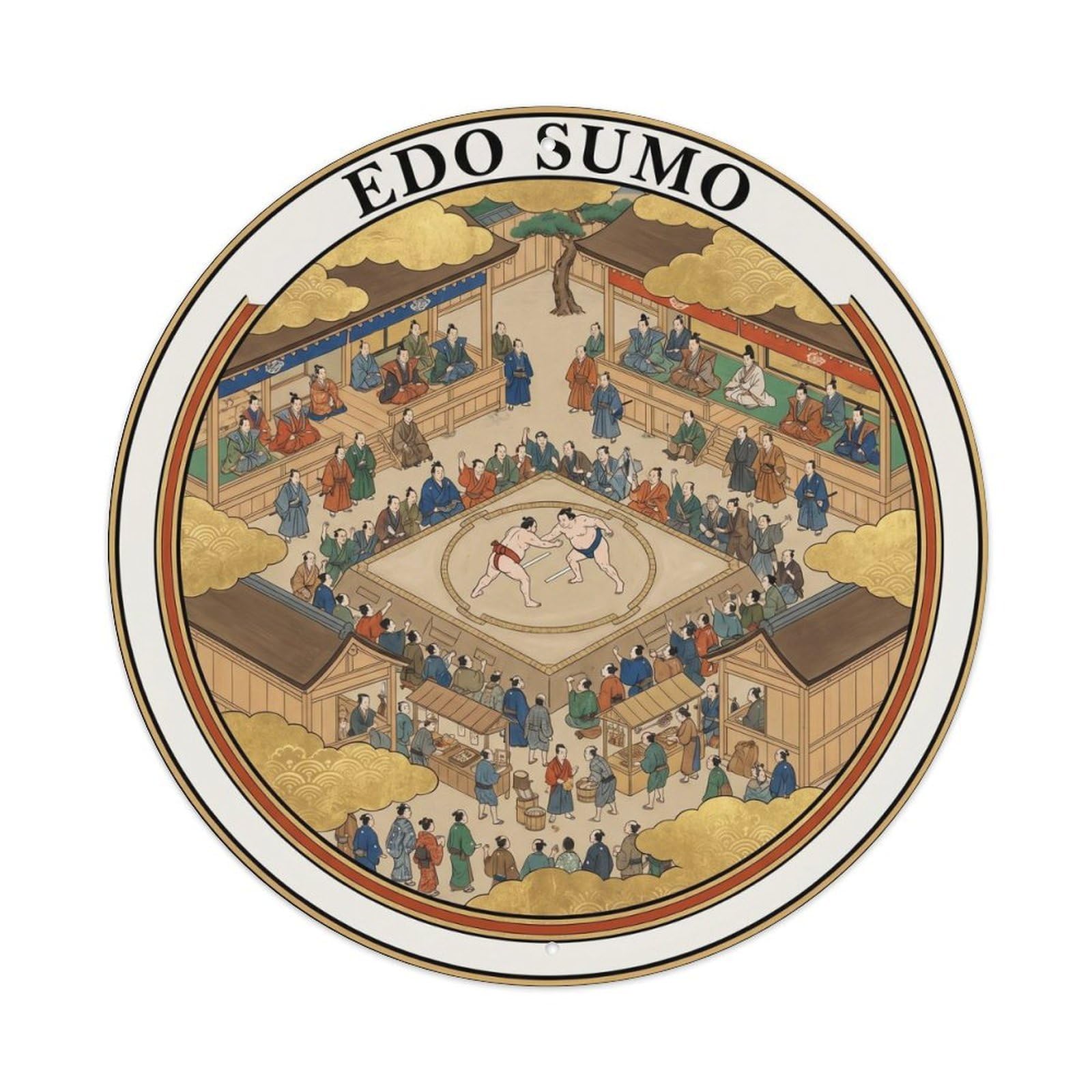 Olyhtr 8X8inch Classic Style Sumo Historical Edo Period Yamato Azurite Vermillion Metal Tin Sign