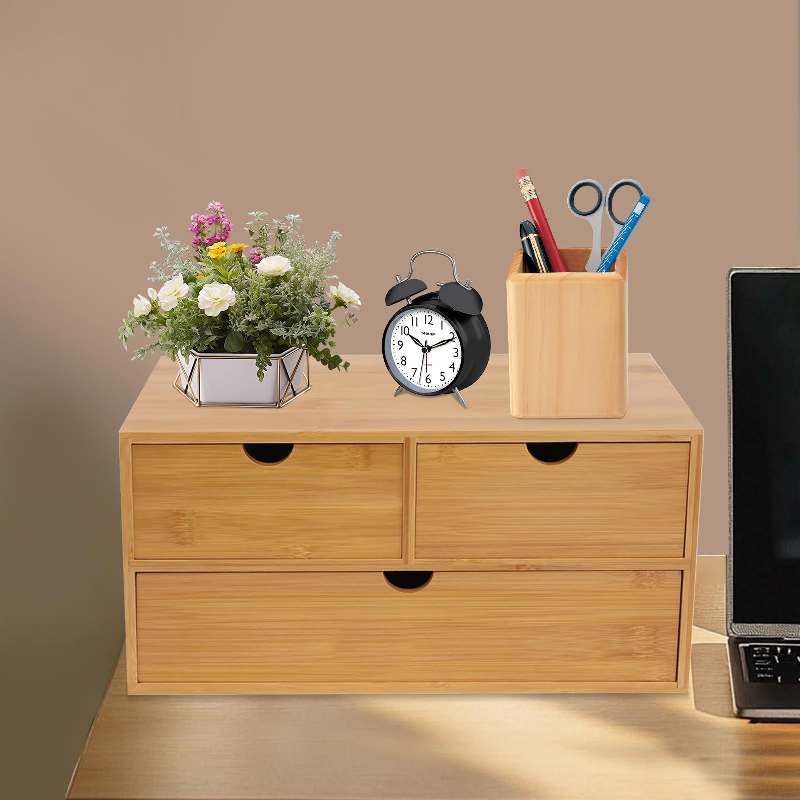 Organizer da scrivania in bambù, 33 x 19 x 16 cm, con 3 cassetti, bordi rotondi e piedini antiscivolo, organizer multifunzionale per la casa, l'ufficio, la camera da letto e la decorazione