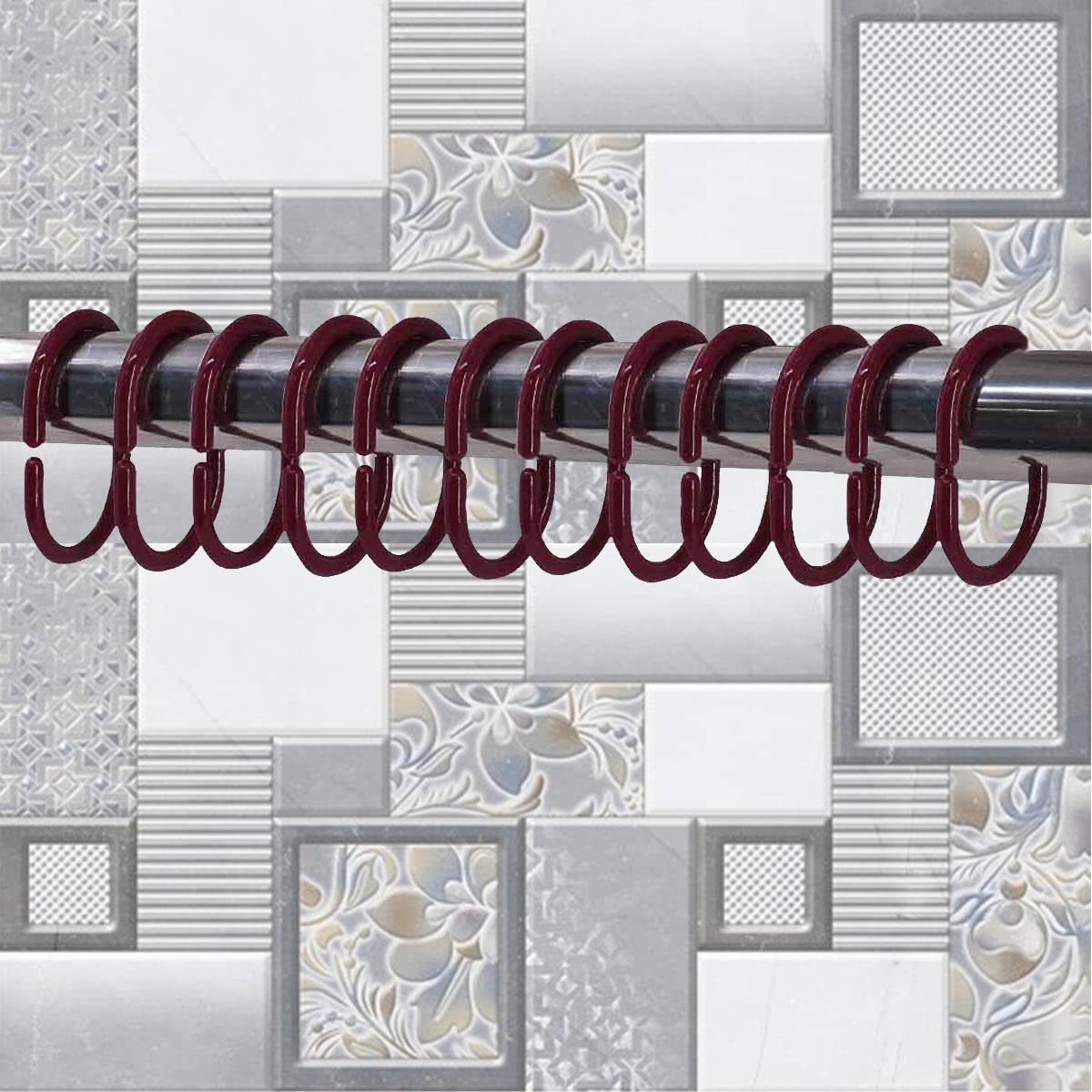 Shower Curtain Rings, Plastic Rust-Proof, Unbreakable, Slides Easily on Bath Drape Rod, Curtain Liner, 24 C Shape Hooks - (JS160905) Maroon