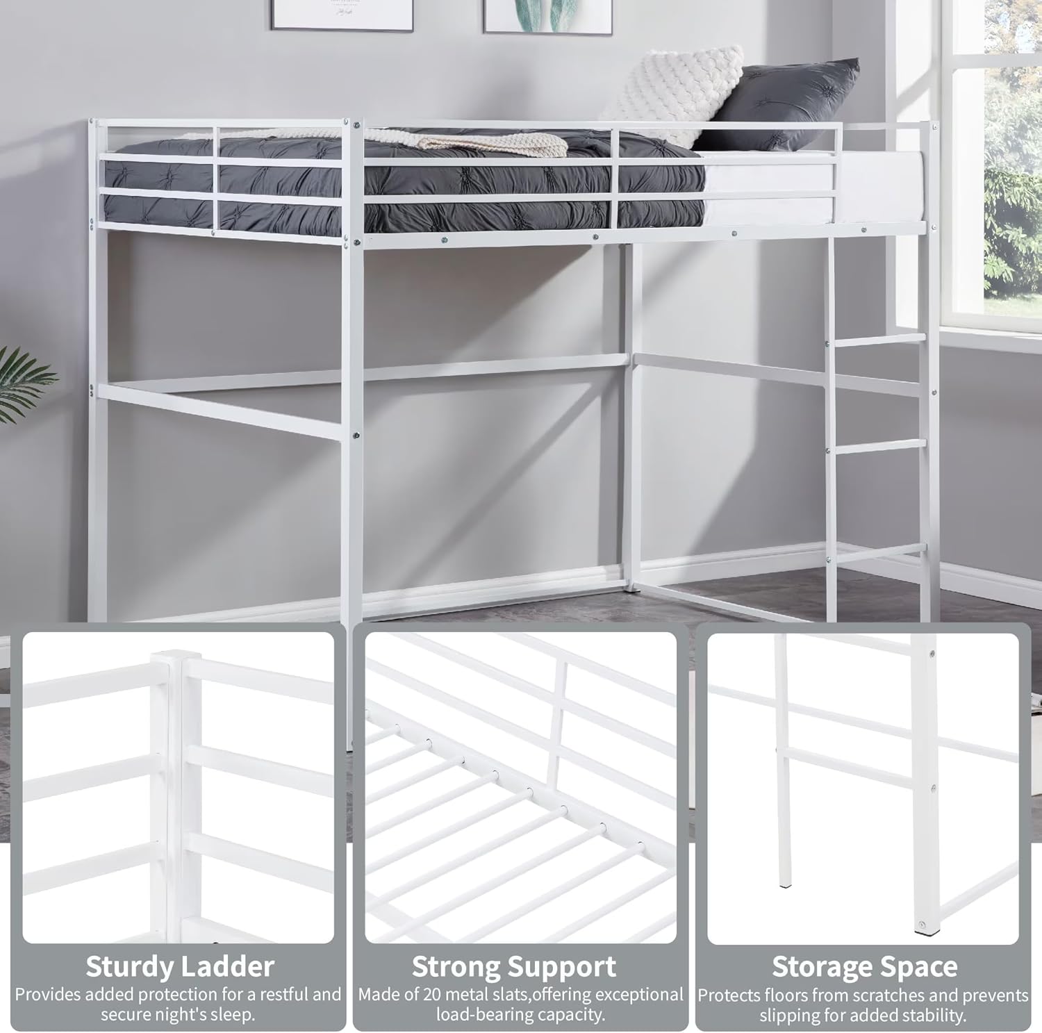 Metal Loft Bed Twin Size, Heavy Duty Loft Bed Frame with Safety Guard Rails & Flat Ladder, LoftBed for Dorm, Apartment (White, Twin)