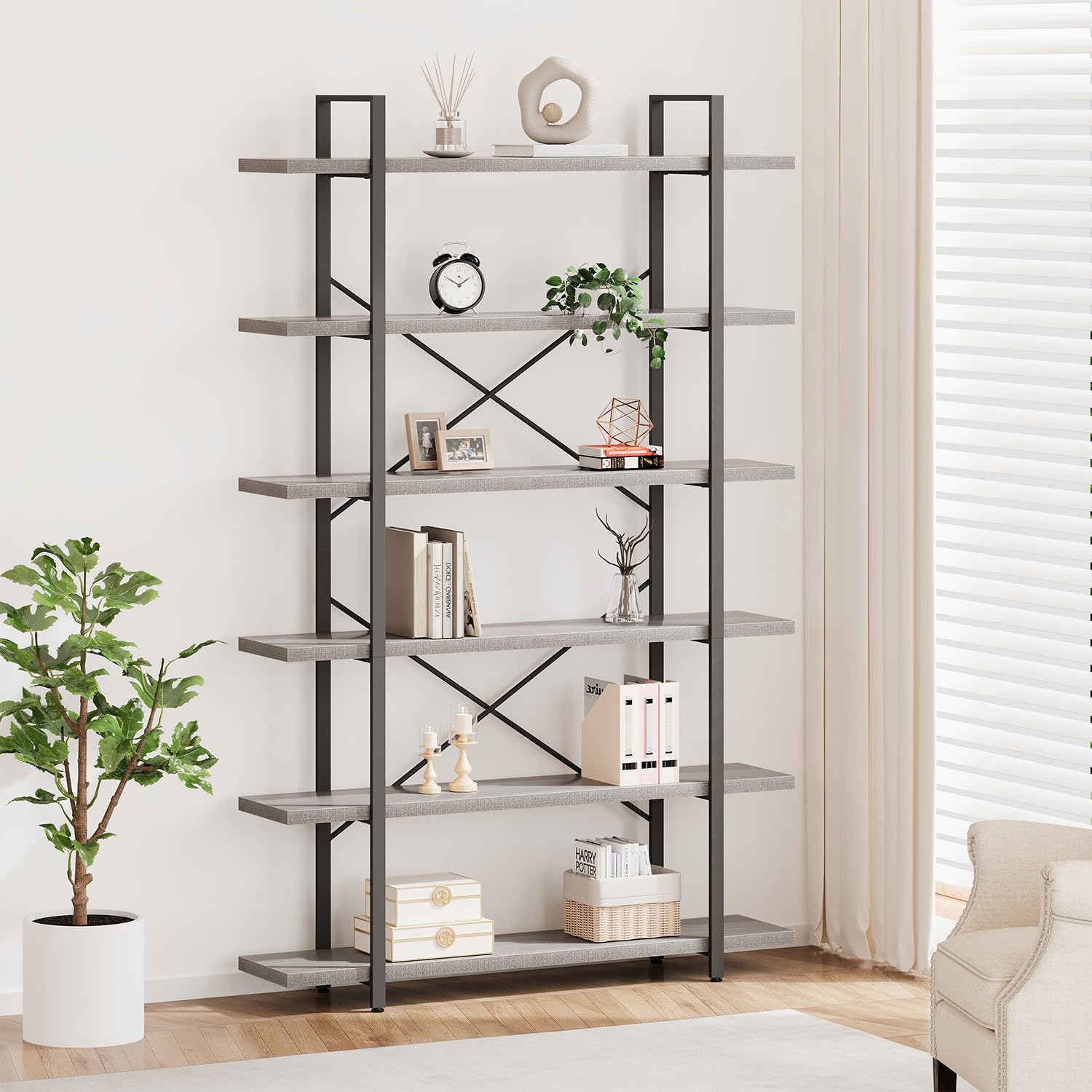 HSH 6 Tier Tall Bookshelf, Metal Wood Vertical Display Book Shelf, Industrial 6 Shelf Bookcases and Book Shelves Storage Rack, Large Open Book Case