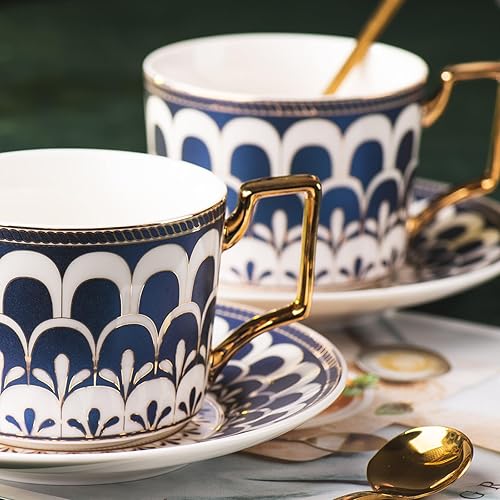 Miniatura 2 de Juego de tazas de café de cerámica de estilo europeo, 7 onzas de porcelana de hueso exquisitamente esmaltada azul y dorado, juego de té para fiesta