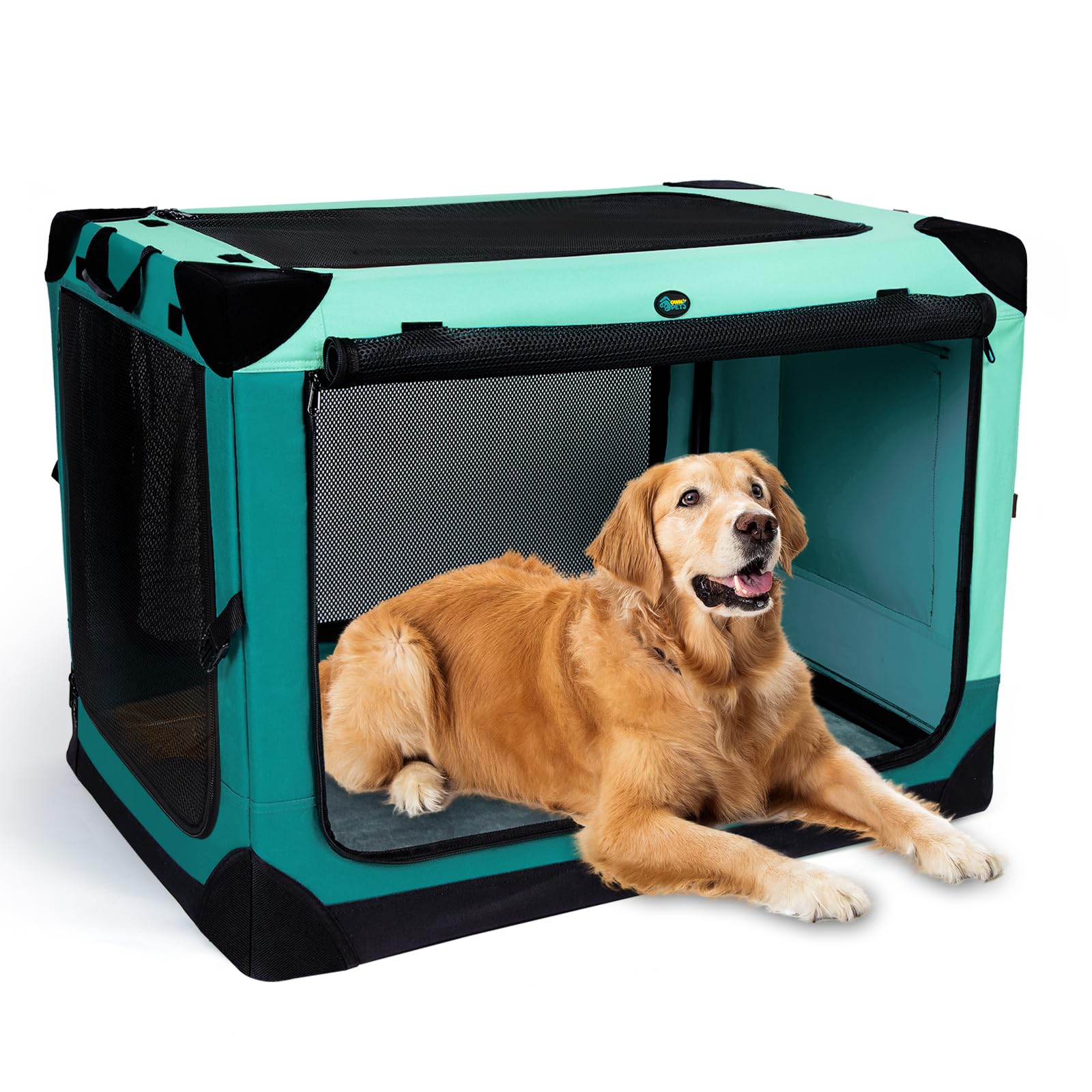 Ownpets 4 Door Folding Dog Crate, 106.5x78.5x78.5CM, Portable Pet Crate with Strong Yet Lightweight Steel Frame for Dogs & Cats, Detachable Soft Dog Kennel for Camping,X-Large