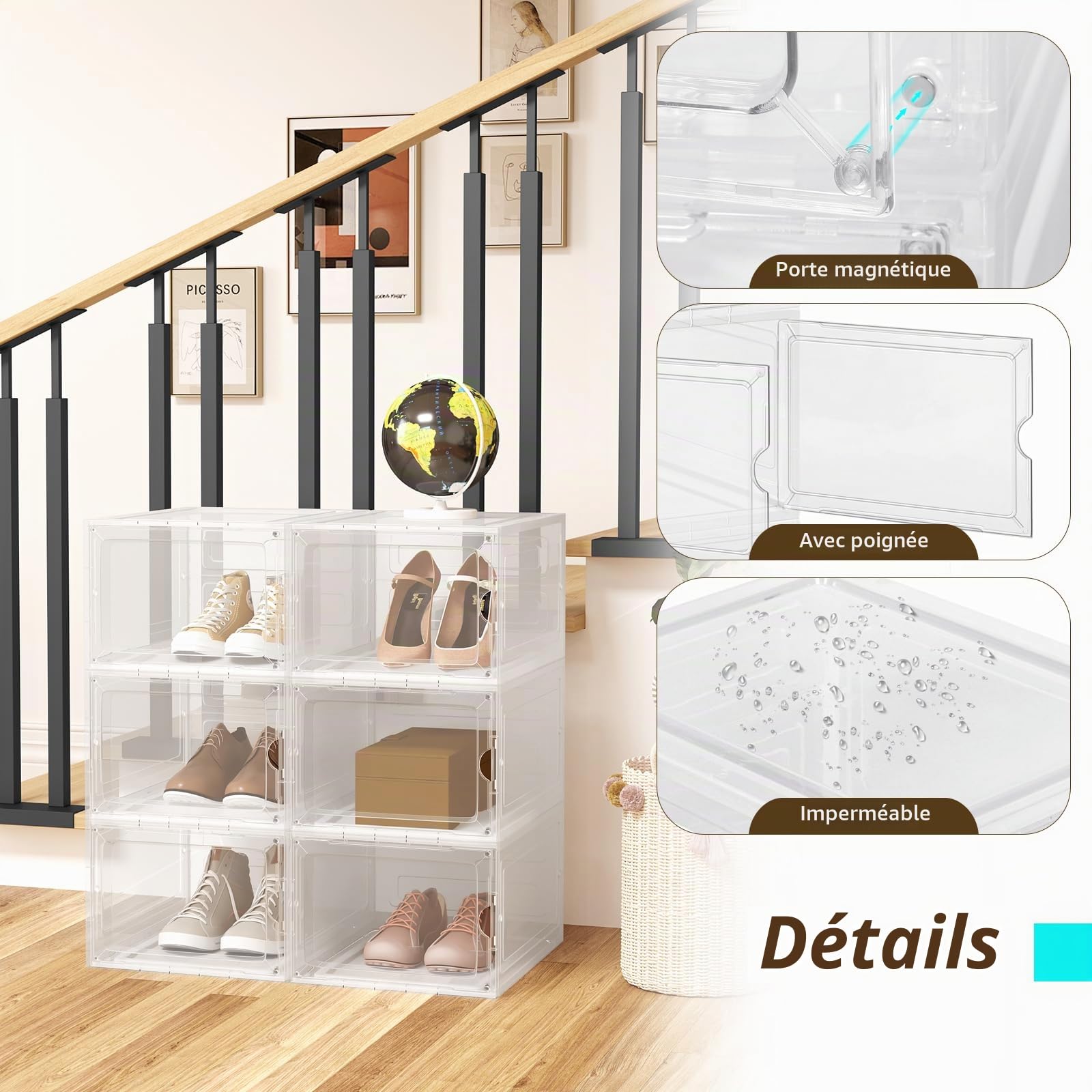 WOLTU Boîtes à Chaussures, Lot de 6 Bacs de Rangement avec Portes Frontales, Organisateurs Empilables, en PP+ABS Transparent pour Chaussures Homme et Talons Hauts Famme, Pointure 46