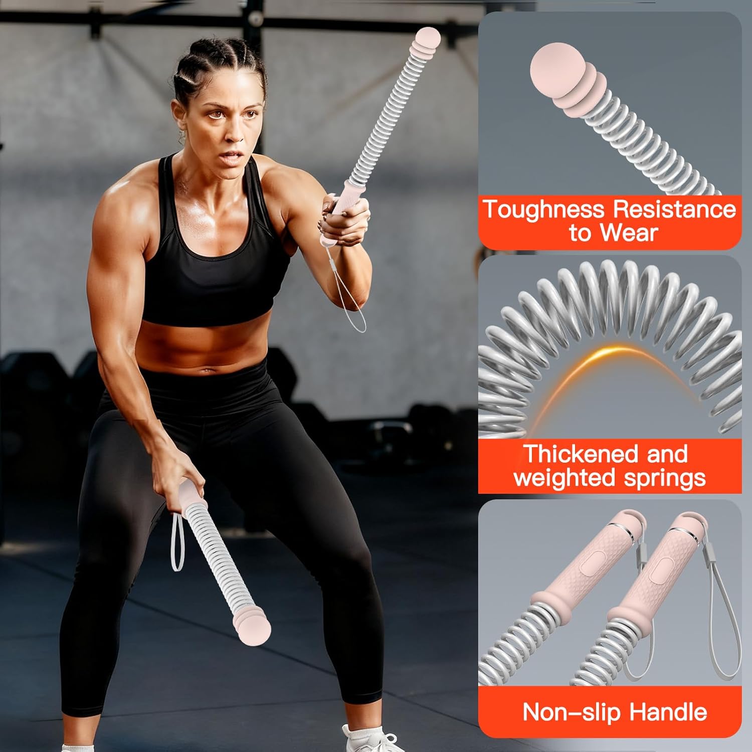 Ropeless Battle Ropes for Home Gym (2-Pack), Space-Saving & Quiet Cordless Battle Ropes for Full-Body Training, HIIT & Low-Impact Aerobic Training, Adjustable Weight Handles, Pink