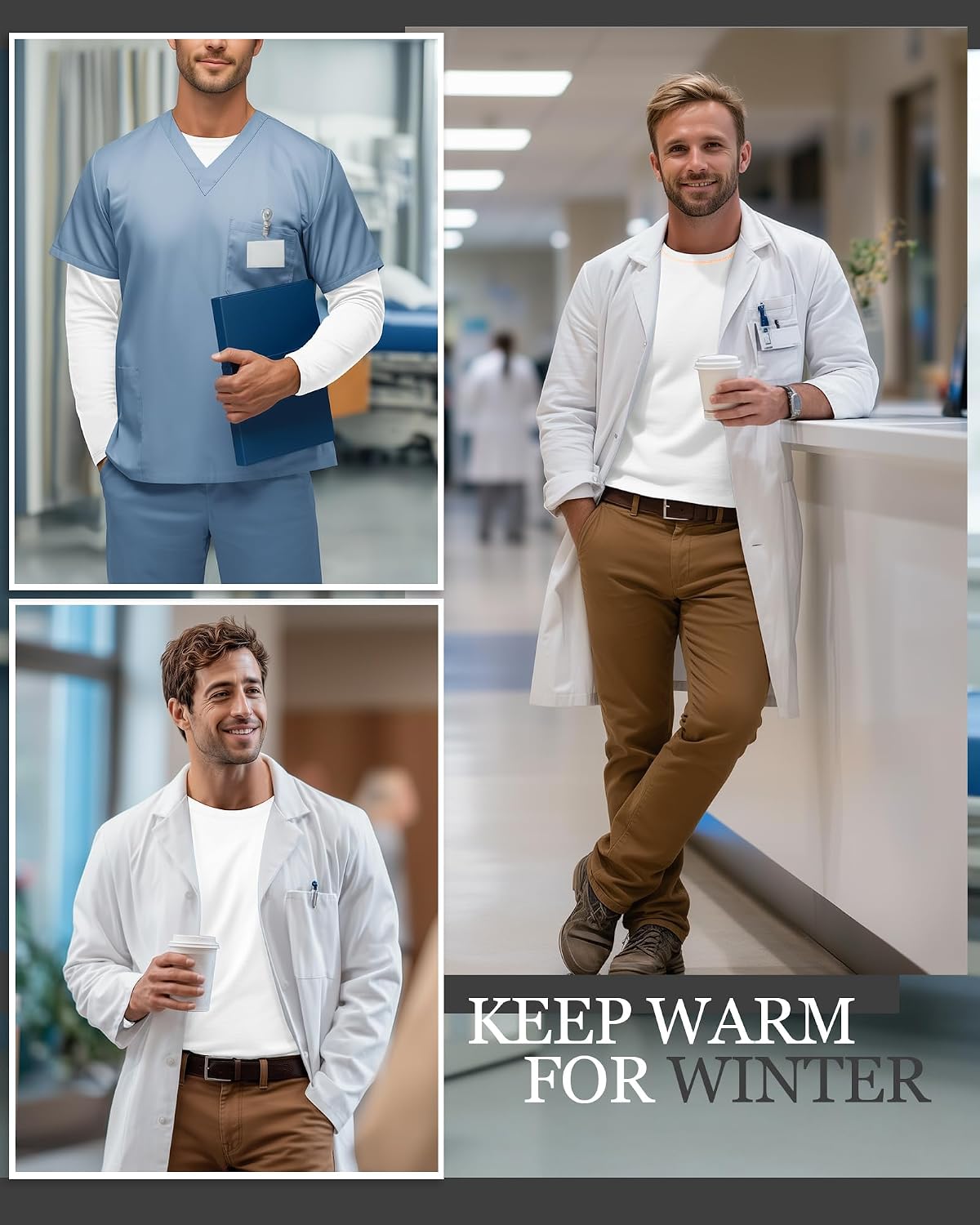 August Alley 4 Pack Men's Long Sleeve Underscrub Tees | Undershirt for Medical, Crewneck Basic Tops, Comfortable Fit, Compression T Shirts, Stretchy Laying, Nurse Doctor Work Wear