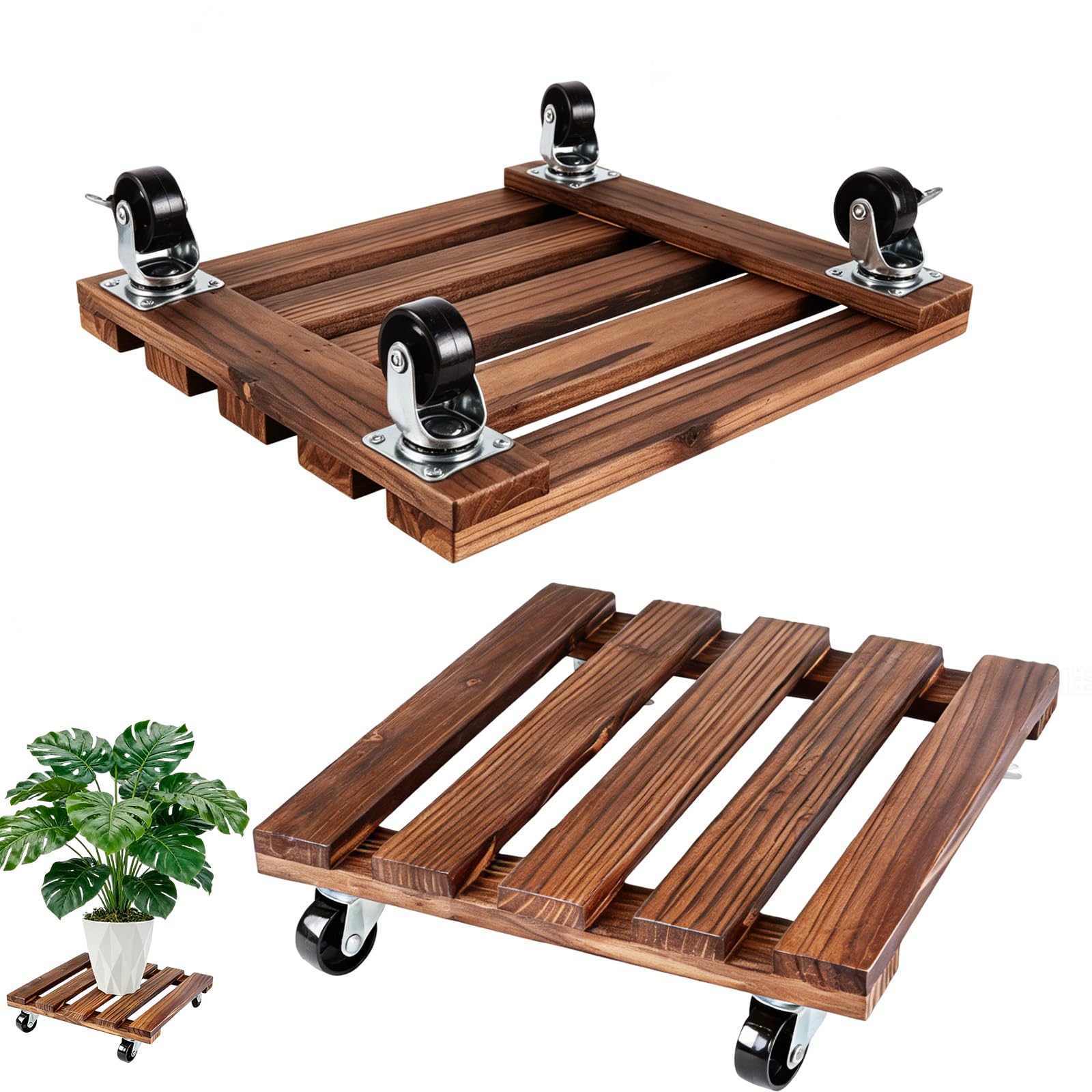 SIGONE 2 PCS 30cm Square Wooden Heavy Duty Plant Caddy with Wheels, Indoor Outdoor Rolling Planter Base, Gardening Accessories