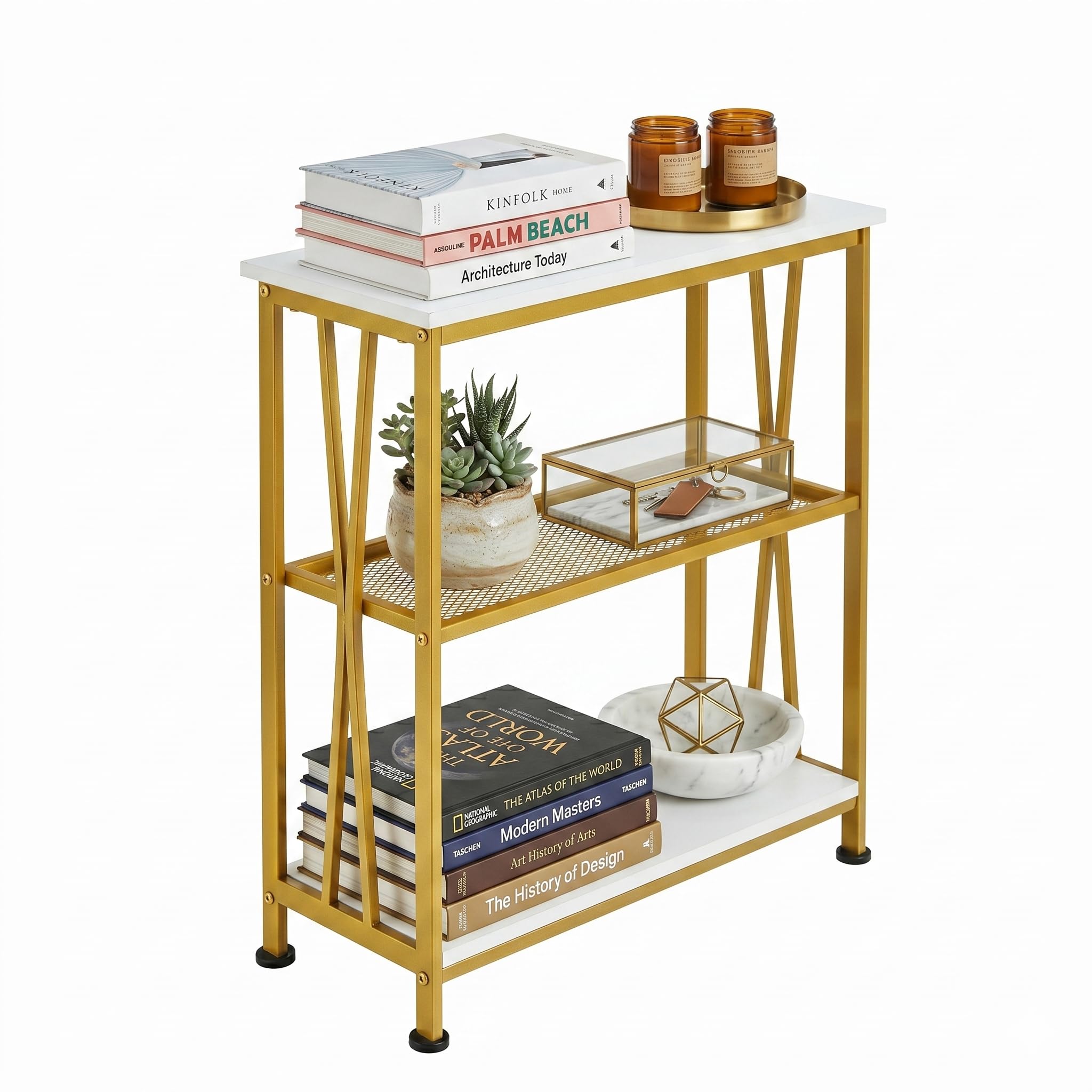 GIOPACO Narrow Side Table,20" Long End Table with 3 Tier Storage Shelves, Small Hallway Table, Industrial Rustic Accent Skiny Slim Couch Beside Table for Narrow and Small Spaces,White+Gold