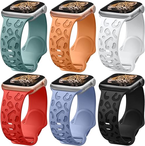 Paquete de 6 correas grabadas de leopardo compatibles con Apple Watch Band de 1.575 pulgadas, 1.496 pulgadas, 1.614 pulgadas, 1.732 pulgadas, 1.772