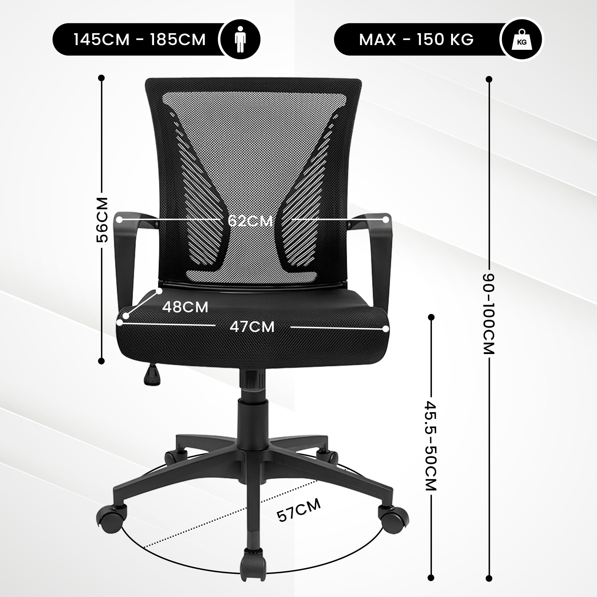 Chaise De Bureau Ergonomique Bayt Pivotante - Fauteuil Confort Réglable En Hauteur 42-50 Cm, Mécanisme D’Inclinaison, Toile Respirante, Charge 110 Kg - Noir Base Métal