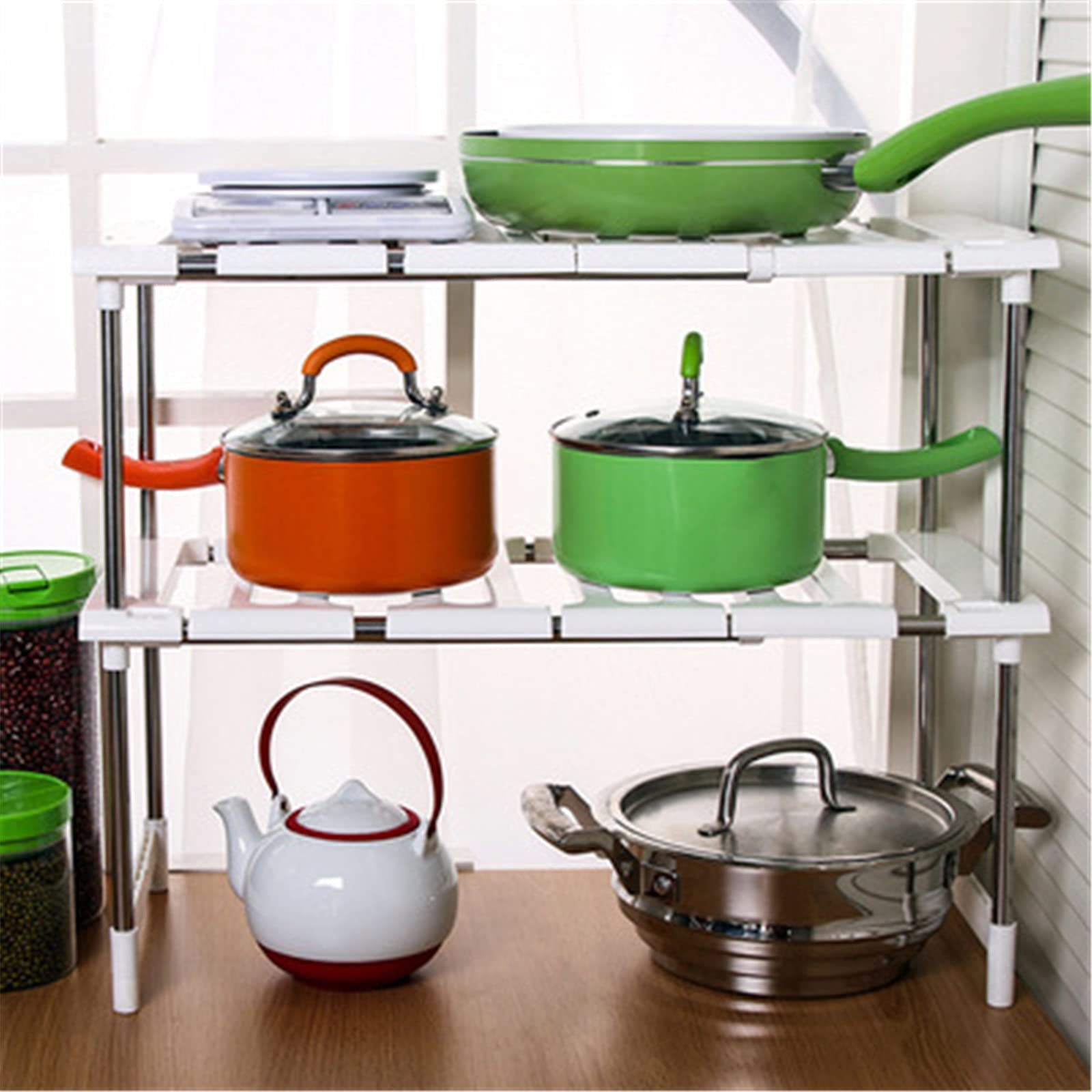 Organizadores Debajo del Fregadero, estantes Extensibles de 2 Niveles para Cocina y baño, Aumentan el Espacio de Almacenamiento (Color: Blanco, tamaño: 44-75 x 46 x 26 cm)