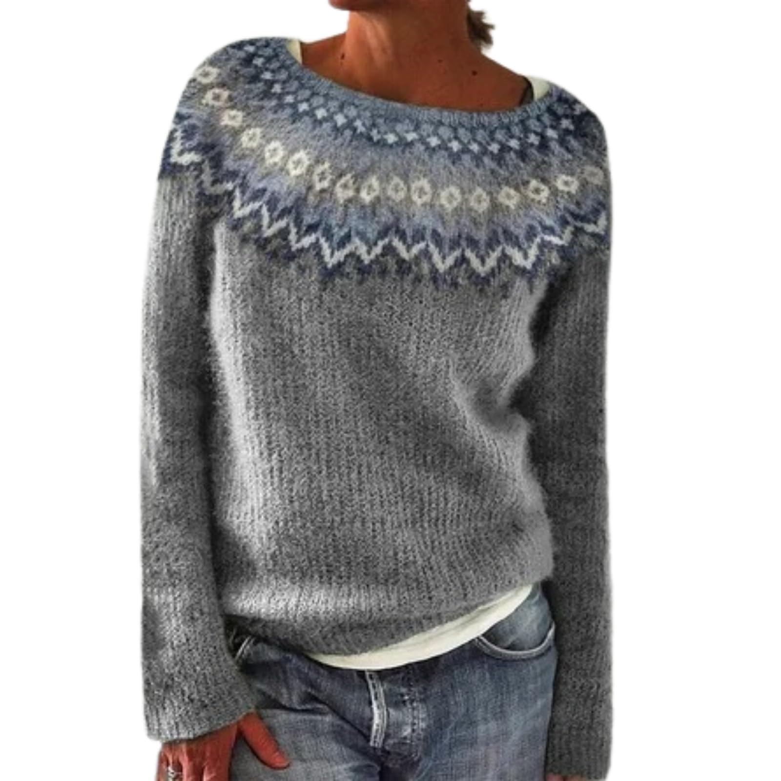 Nordic Sweaters for Women Vintage Ribbed Knit Fair Isle Sweater Plus Size Cute Boat Neck Boho Pullover Tops