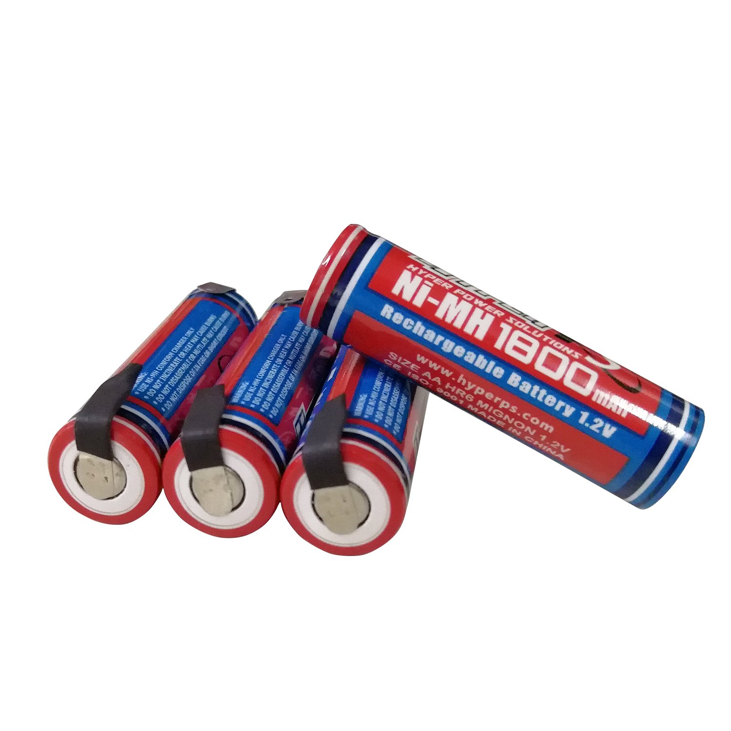 HYPERPS (4-Pack) HyperPS 1.2V AA 1800mAh Ni-MH Rechargeable Battery for High-Drain Devices, Quick Charge (Flat Top w/Soldering Tabs)