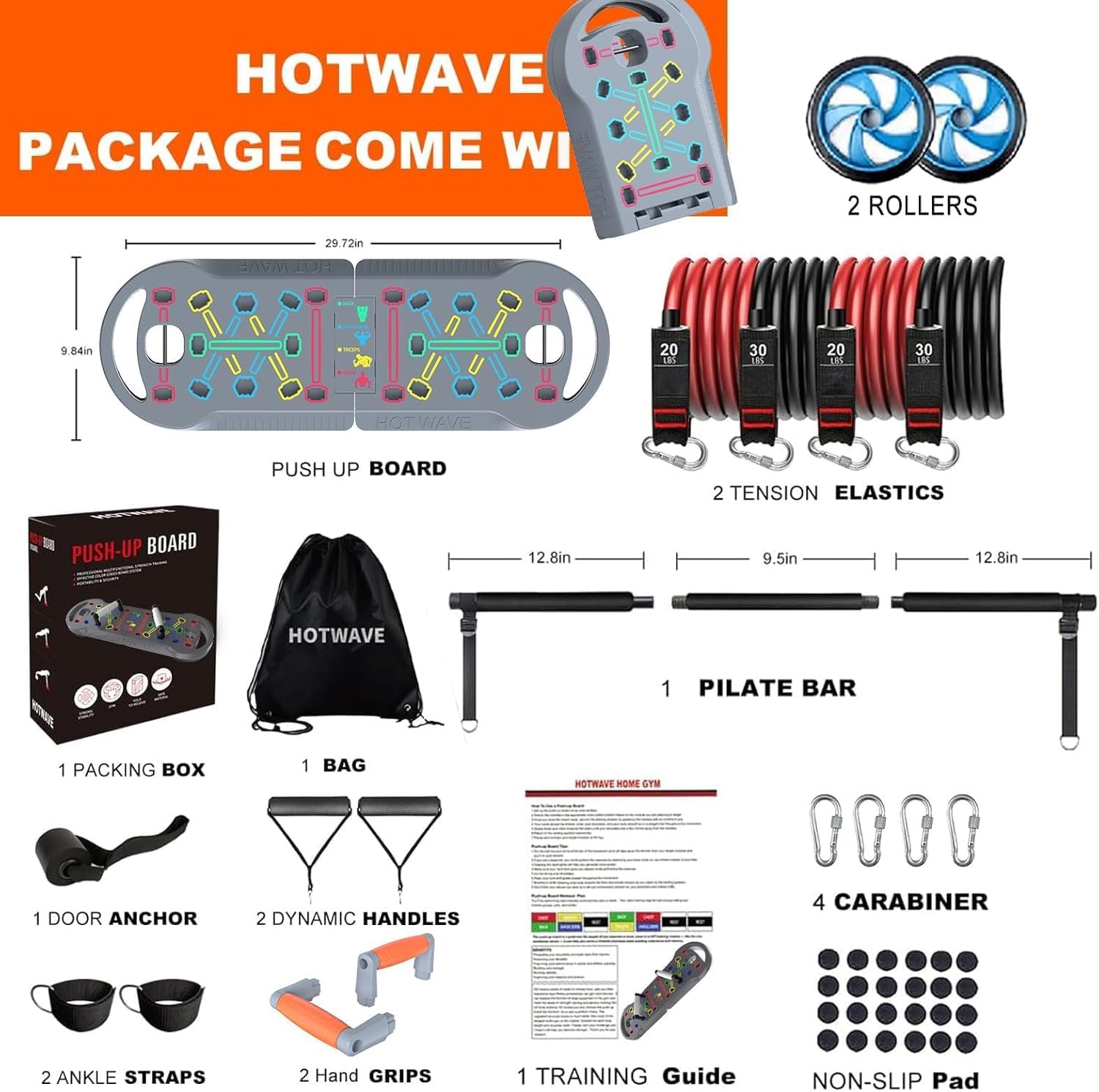 HOTWAVE Equipo de Ejercicio portátil con 16 Accesorios de Gimnasio. Tabla de Ejercicios 20 en 1, Bandas de Resistencia con Rodillo Abdominal, Entrenamiento de Cuerpo Completo en casa